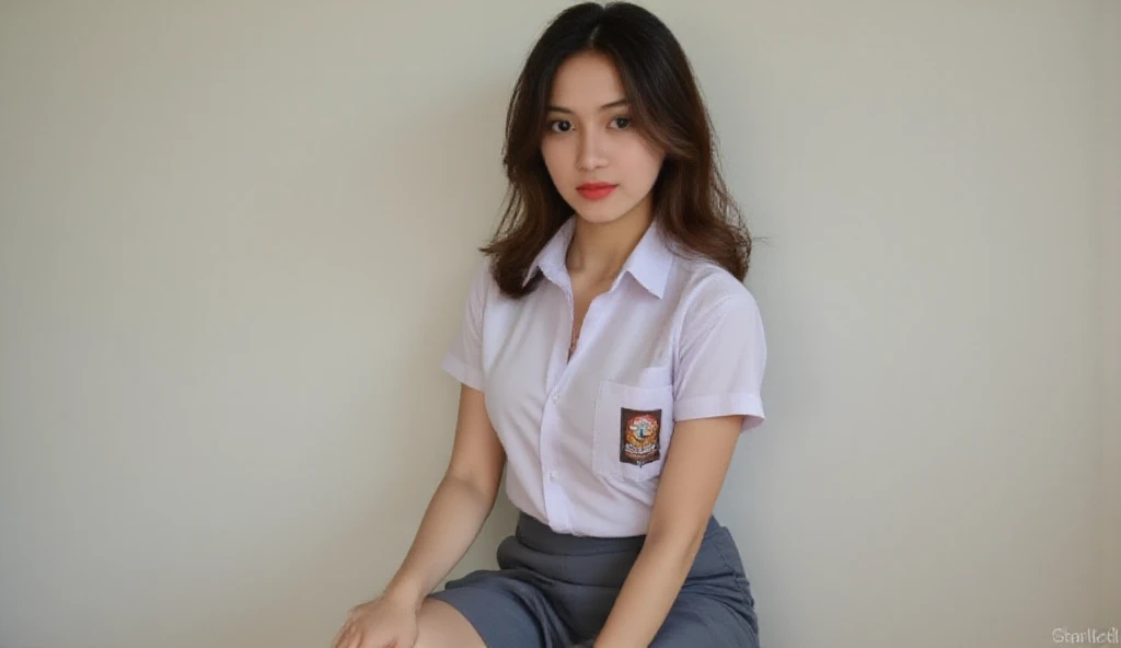1girl, solo, (Indonesian_high_school_uniform), (ultra wide angle shot: 1.4), beautiful scenery, detailed face, beautiful eyes, thick breasts, beautiful long hair, slim body, smooth skin, tight short sleeve white shirt, grey-blue tight miniskirt, looking at the audience, low angle shot,(8k, RAW photo, best quality, masterpiece: 1.2), (realistic, realistic: 1.37), ultra-high resolution, super detailed, Cherry blossoms falling in the background,In front of a pedestrian crossing,A girl standing upright with her legs shoulder-width apart, Beautiful face in every detail, ideal skin, gentle expression, Front view, angle from below, realistic, cute, Crouch deep in the city, whole body, collared shirt,put the backpack aside