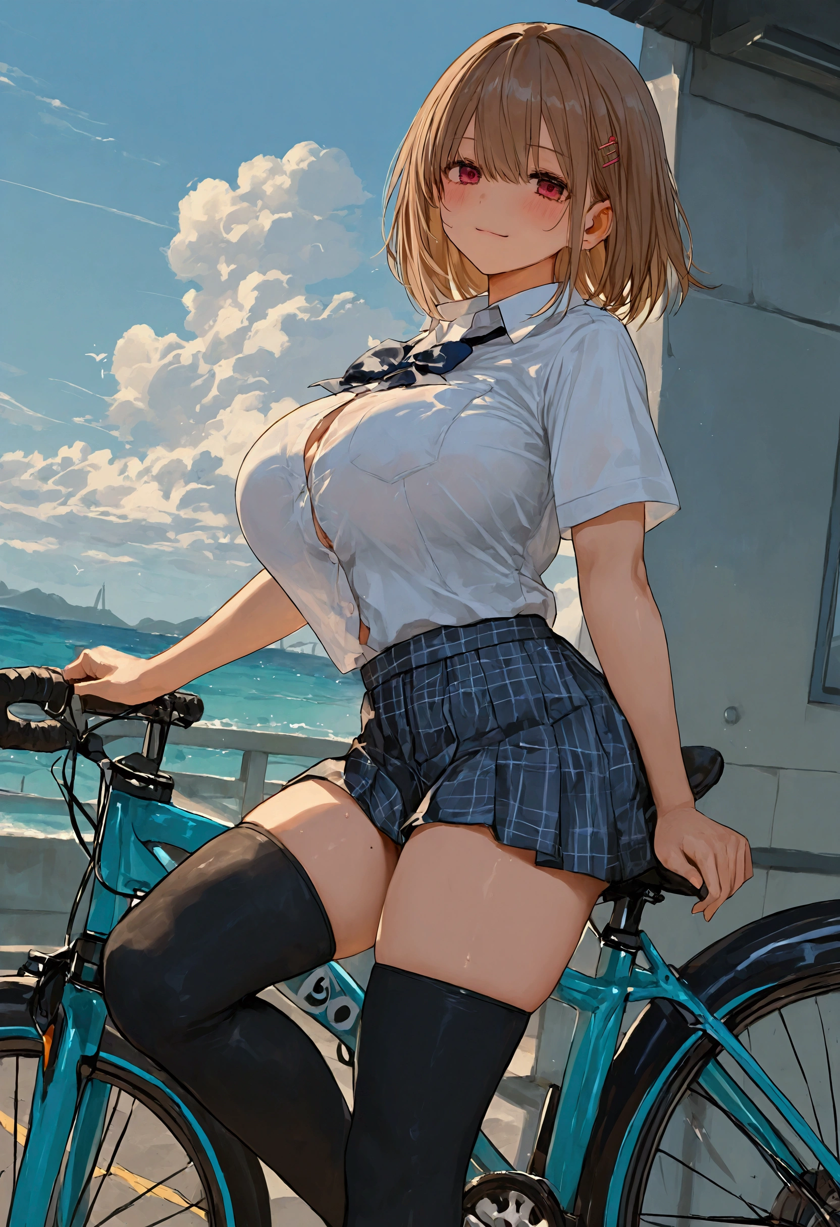 school uniform、 thigh socks 、Big Breasts、 ride a bike