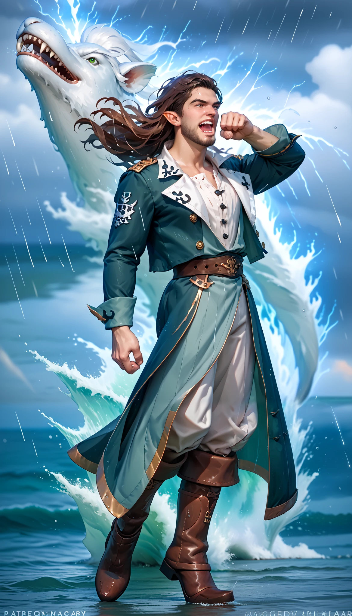 solo, male, skinny, flowing long hair, brown hair, green eyes, pointy ears, fanged teeth, scraggly beard, beard, ragged sailors clothes, pirate attire, dirty white tunic, ragged long coat, stained silver lapels, ethereal blue glow aura, aura, ragged brown pants, sailor boots, full body portrait, character on a sinking wooden ship, open ocean, raging storm, dark clouds, lighting strikes, rain, heavy rain, roaring waves, masterpiece, photorealistic, correct anatomy, wielding scimitar, raising scimitar, blue steel scimitar,