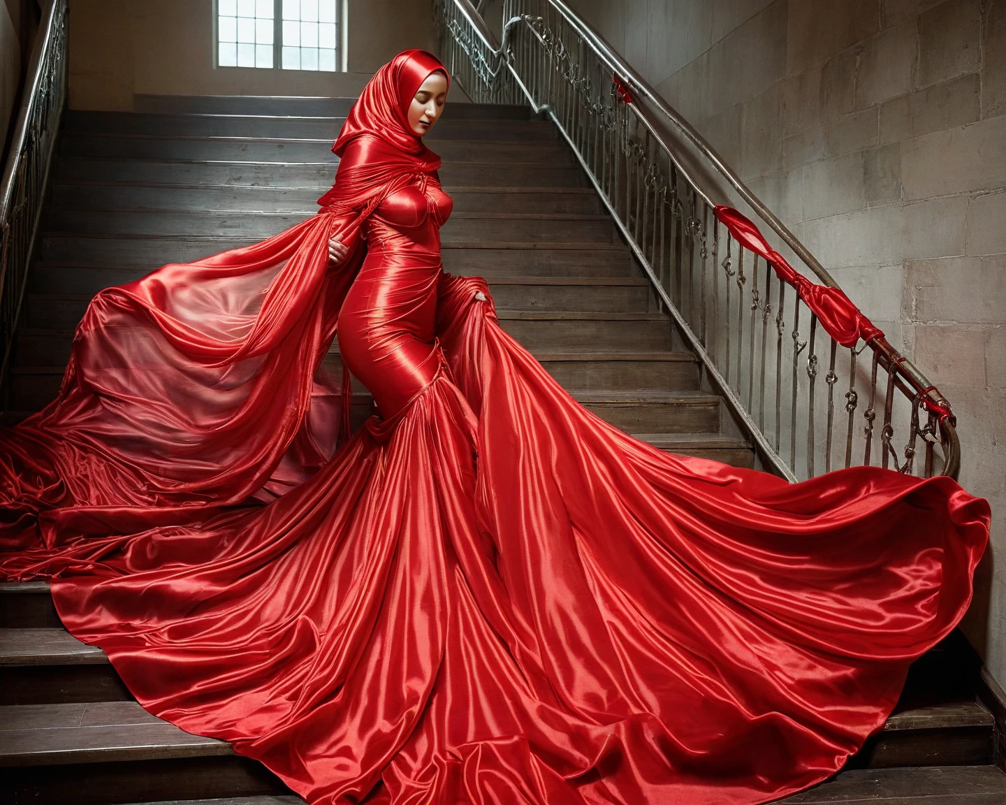a woman in the translucent silk red gown, tight full body tied, satin sheet, nipple on with nipple piercing, wearing translucent veils, satin hijab, full body, long satin,mermaid tight long gown, flowy dramatic long gown, tall women, walk downstair, strugle to walk, wear high heels, masterpice 