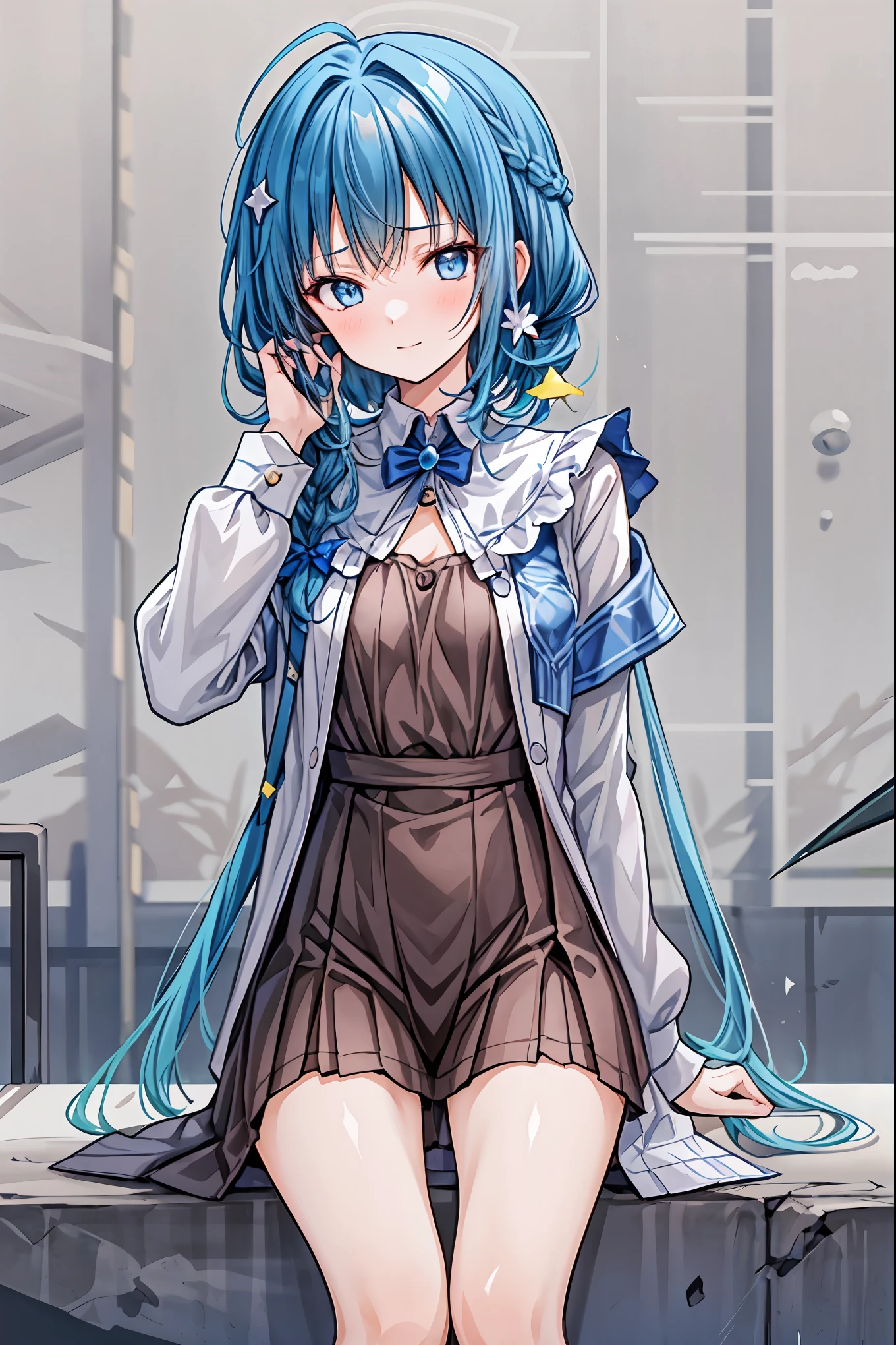 Masterpiece, (2 girls and 2 girls), close-up, cutetech, cute, cute, pastel color , top quality, happy, deep background showing one person, symmetrical , tilts its head, spring, Hair, shortcut, unkempt hair,Short braided hair,Neat, slender beautiful woman,Correct posture,Small chest, BEAUTIFUL LEGS, has enchanting gray-blue eyes that shine like stars, droopy eyes , vibrant colors, beautiful eyes,A delicate smile,Textured Skin, Best Quality at its Best , gentle and beautiful woman , anime style、