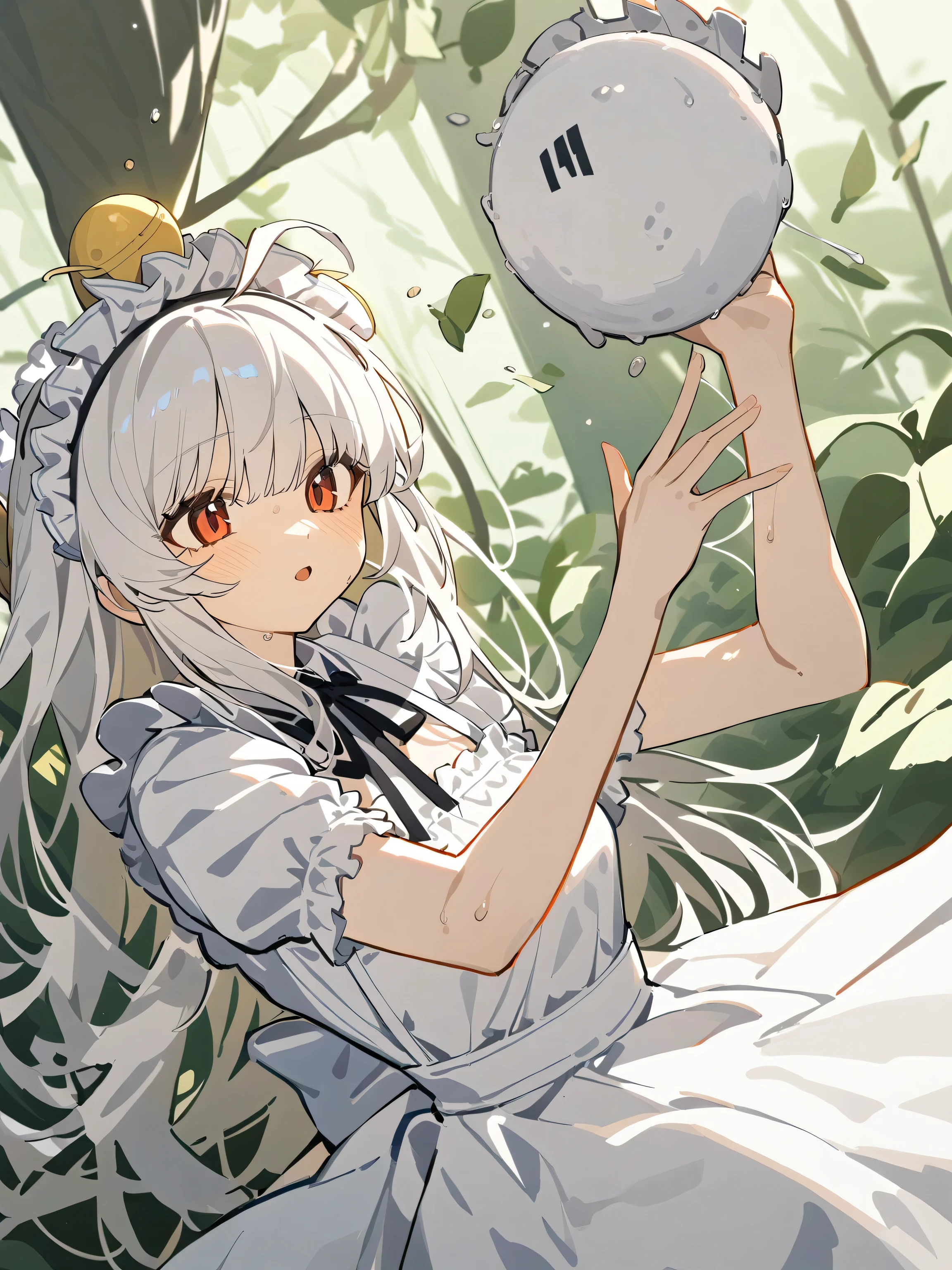 One girl has long white hair and two balls on her head wears a white maid dress with short sleeves