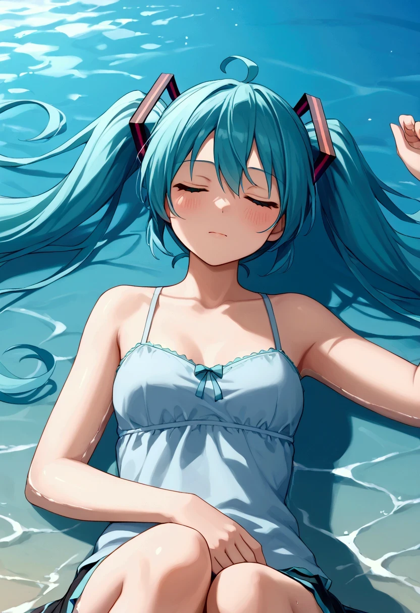 ((( Hatsune Miku)))、a girl falling into the depths of the sea, on her back and asleep