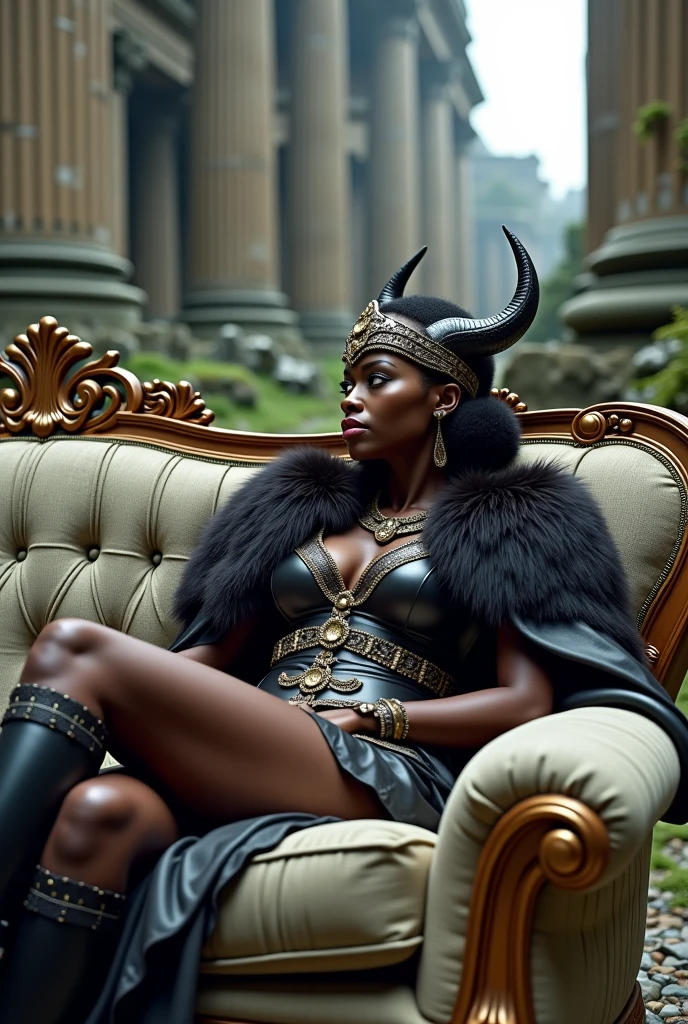 8k, RAW photo, best quality, ultra high resolution, photorealistic, realistic photo of skinny ebony girl viking, (slim ebony girl viking, black skin, black hair, curly hair, slim face), in the viking palace, sitting on the viking throne, full body portrait, photo from the side, sexy pose, wearing viking costume, (viking fur costume), wearing viking shirt, wearing fur skirt, (fur skirt), holding viking axe, (viking axe), (extremely detailed CG unity 8k wallpaper), Sharp focus, (bright light)