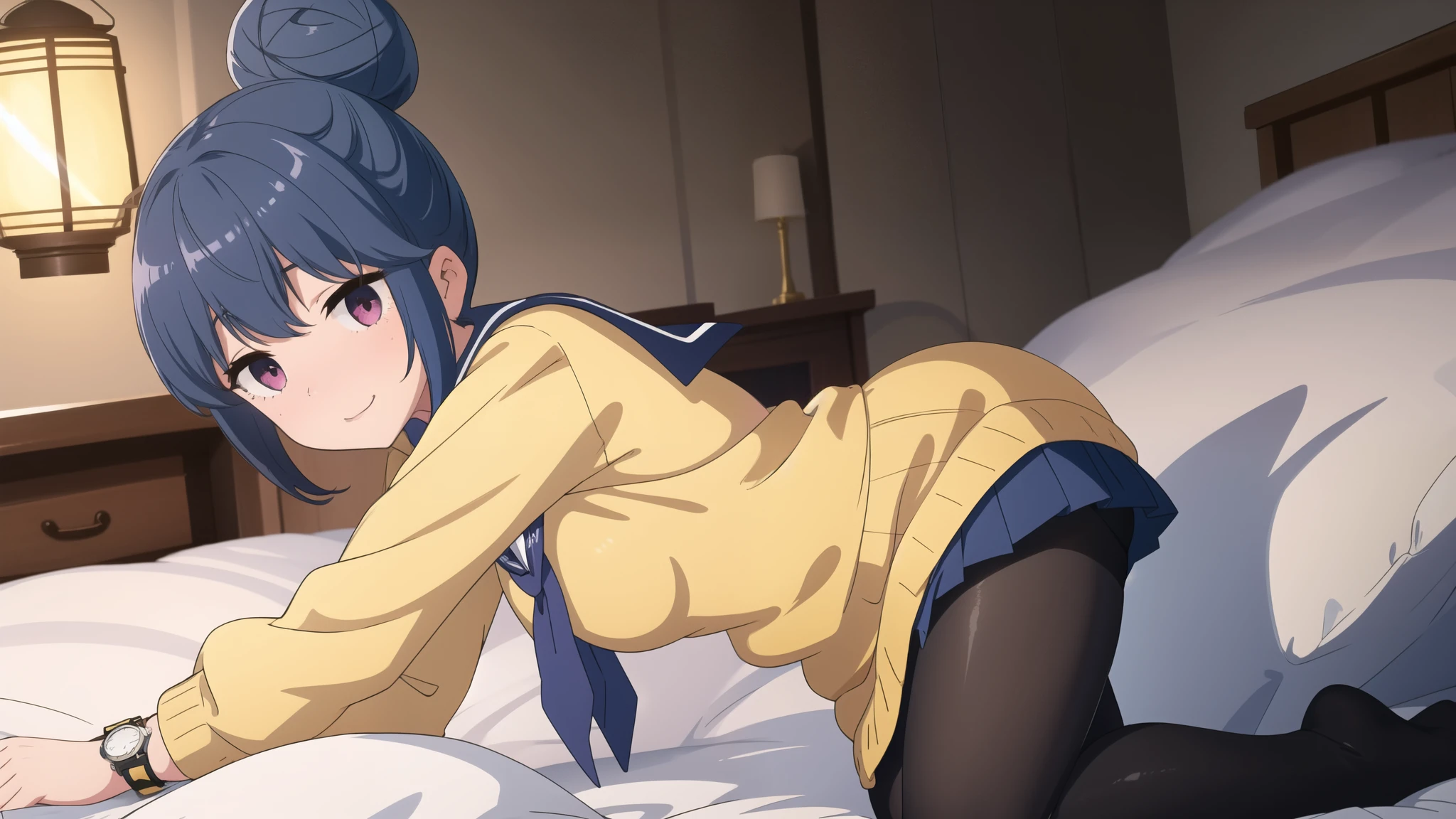 ( Masterpiece:1.2),  top quality,  high resolution, unity 8k wallpaper, ( illustration ),  very detailed face,  perfect lighting,  Highly Detailed CG, Shimarin,  Lantern,  watches viewers,  school uniform ,  single hair bun ,  yellow sweater :1.2,  blue sailor color,  black pantyhose,  pleated skirt, Embarrassed face,  sitting on bed, kneel, seiza, feet、feetを開く、Skirt rip、Grab the skirt、 change clothes、Raise one knee 、 disheveled clothes、perfect body、 low angle、 underwear can be seen through the gap between the crotches 、 angle from below