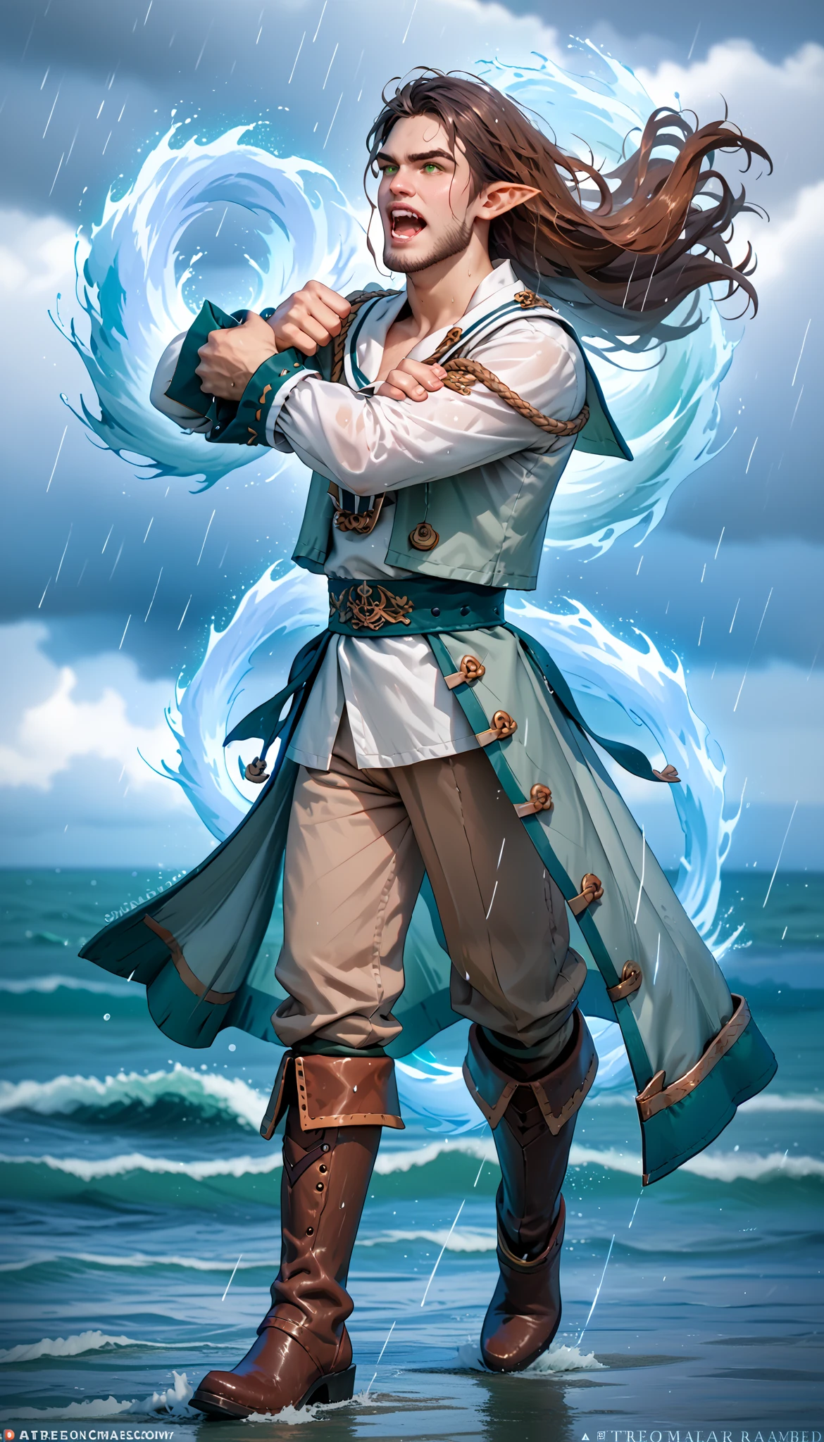 solo, male, skinny, flowing long hair, brown hair, green eyes, pointy ears, fanged teeth, scraggly beard, beard, ragged sailors clothes, pirate attire, dirty white tunic, ragged long coat, stained silver lapels, ethereal blue glow aura, aura, ragged brown pants, sailor boots, full body portrait, character on a sinking wooden ship, open ocean, raging storm, dark clouds, lighting strikes, rain, heavy rain, roaring waves, masterpiece, photorealistic, correct anatomy, wielding scimitar, raising scimitar, blue steel scimitar,