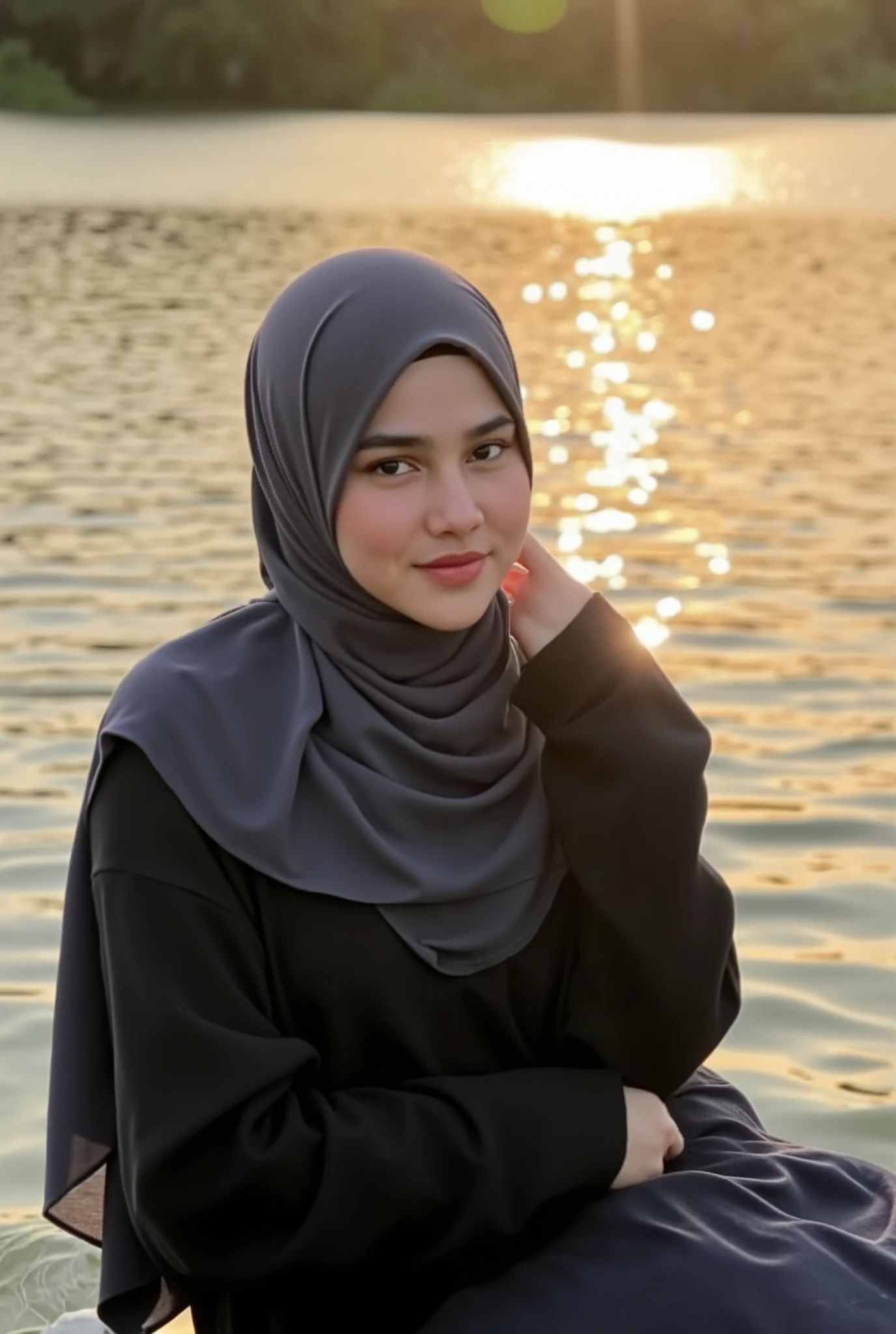 A stunning beauty wearing black gamish muslim dress from Gucci, her with grey hijab moslem. Her slim physique and medium-sized breasts, forward breasts create an alluring hourglass figure, accentuated by the subtle curves of her hips. The warm sunlight dancing across the water's surface casts a golden glow on her radiant skin as she effortlessly floats on the serene lake, her sensual pose exuding pure relaxation.