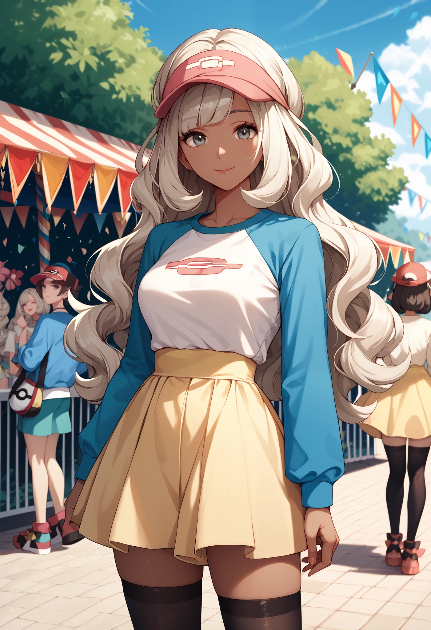 1girl, mature woman, medium breasts, small waist, slight smile, looking at viewer, pokemonselene, platinum blonde hair, (dark skin), very long hair, wavy hair, bangs, long bangs, grey eyes, black thighhighs, raglan sleeves, short skirt, yellow skirt, white shirt, blue sleeves, long sleeves, pink visor cap, outdoors, carnival, standing,