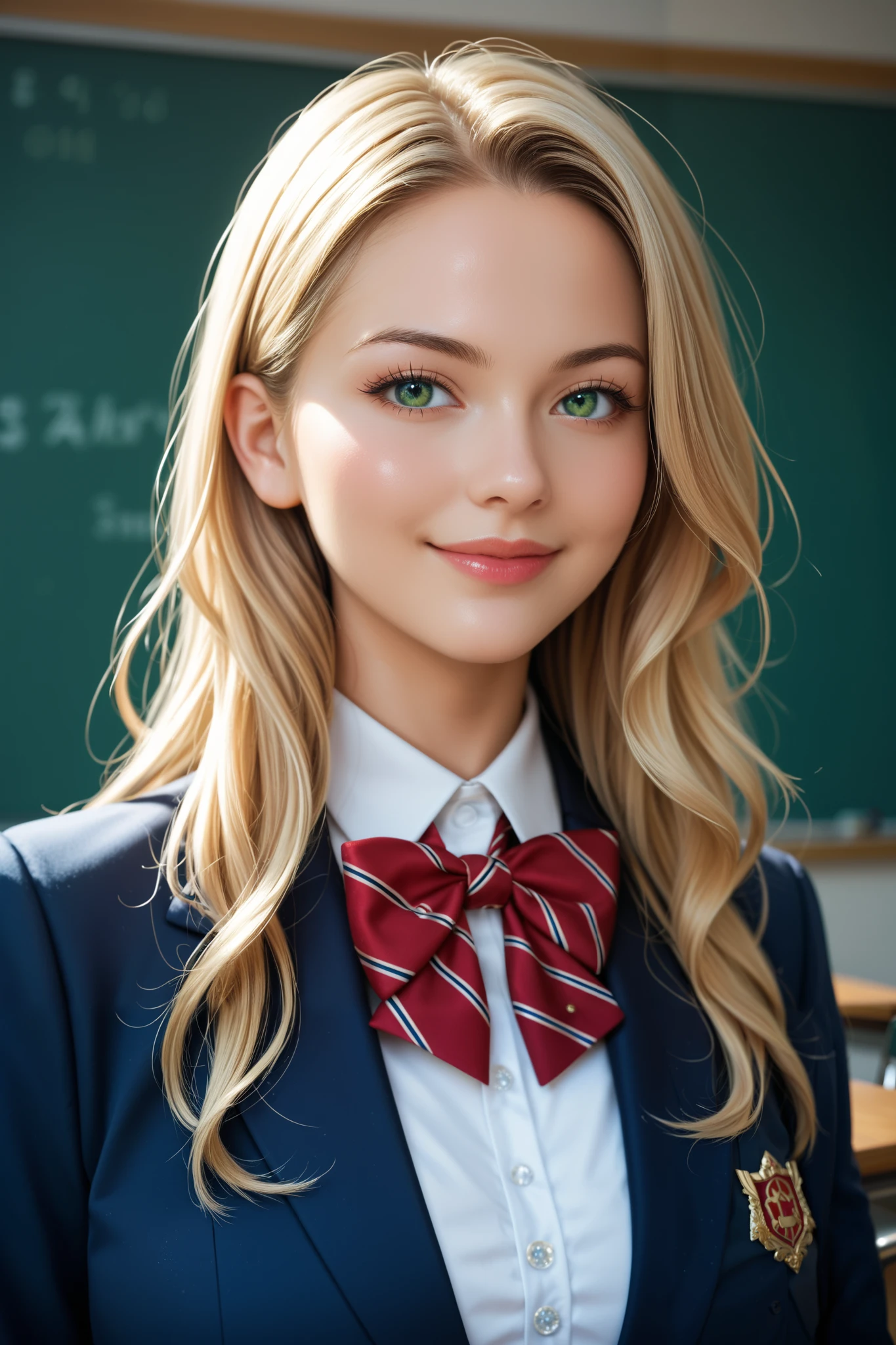 score_9, score_8_up, score_7_up, source_real, high resolution picture, super detailed, BREAK A breathtakingly beautiful woman, long hair, silky blonde hair, wearing a modern school uniform, blazer with intricate gold embroidery, bowtie, smirk, soft lighting to enhance the texture of the fabric, masterpiece, best quality, vibrant, very aesthetic, high contrast, photoresistic, newest, shiny skin, large breasts, 1woman, bust-up shot, detailed face, detailed green eyes, forehead, sliced back hair, classroom