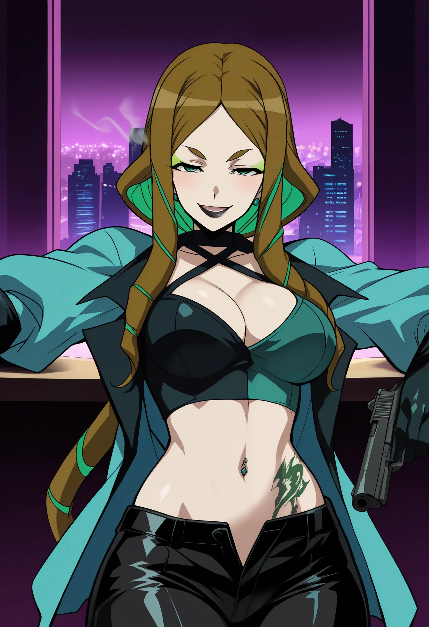 , (anime:1.4), 1girl, solo, claudia_synduality_noir, brown hair, purple eyes, long hair, ear piercing, long hair, blush, lipstick,Hot girl, baddie, staring, glaring, bad attitude, mean girl, dare, angry, hate, crazy, smoking, sensual, attractive , outdoors, rooftop, cityscape, building, railing, night, night sky, scenery, moon, city lights, gloves, masterpiece, best quality, highly detailed, cross necklace, bodysuit, unzip zipper, navel cutout, exposed
navel, exposed bellybutton, , cleavage, long sleeves, black gloves, smile, ,, holding a gun, handgun,
pistol, , outdoors