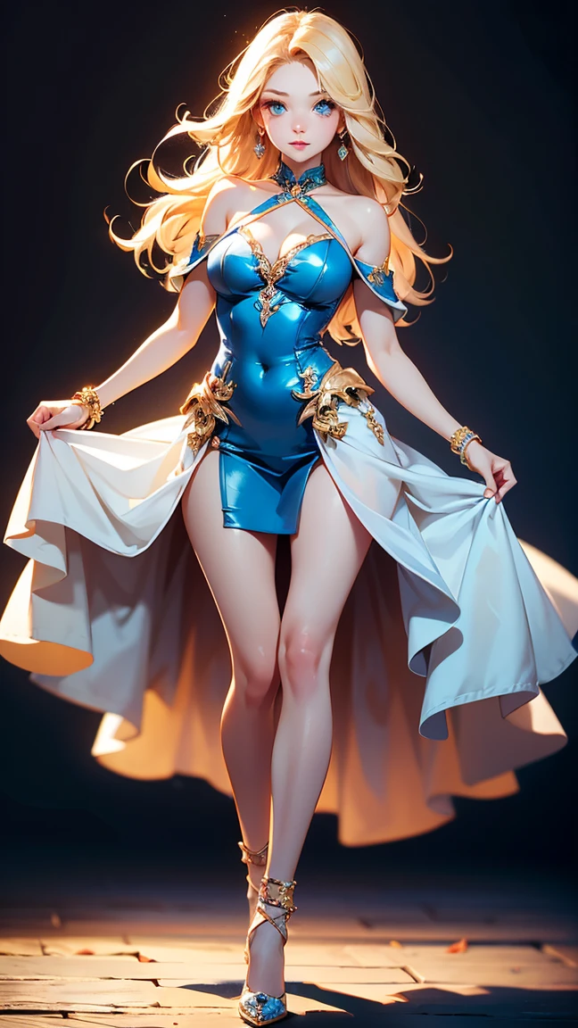 full body shot, exaggerated anatomy, gorgeous female latina witch, blonde hair, short skirt, open robe, lifelike stylized realism bold linework detailed rendering full color palette digital painting layered shading