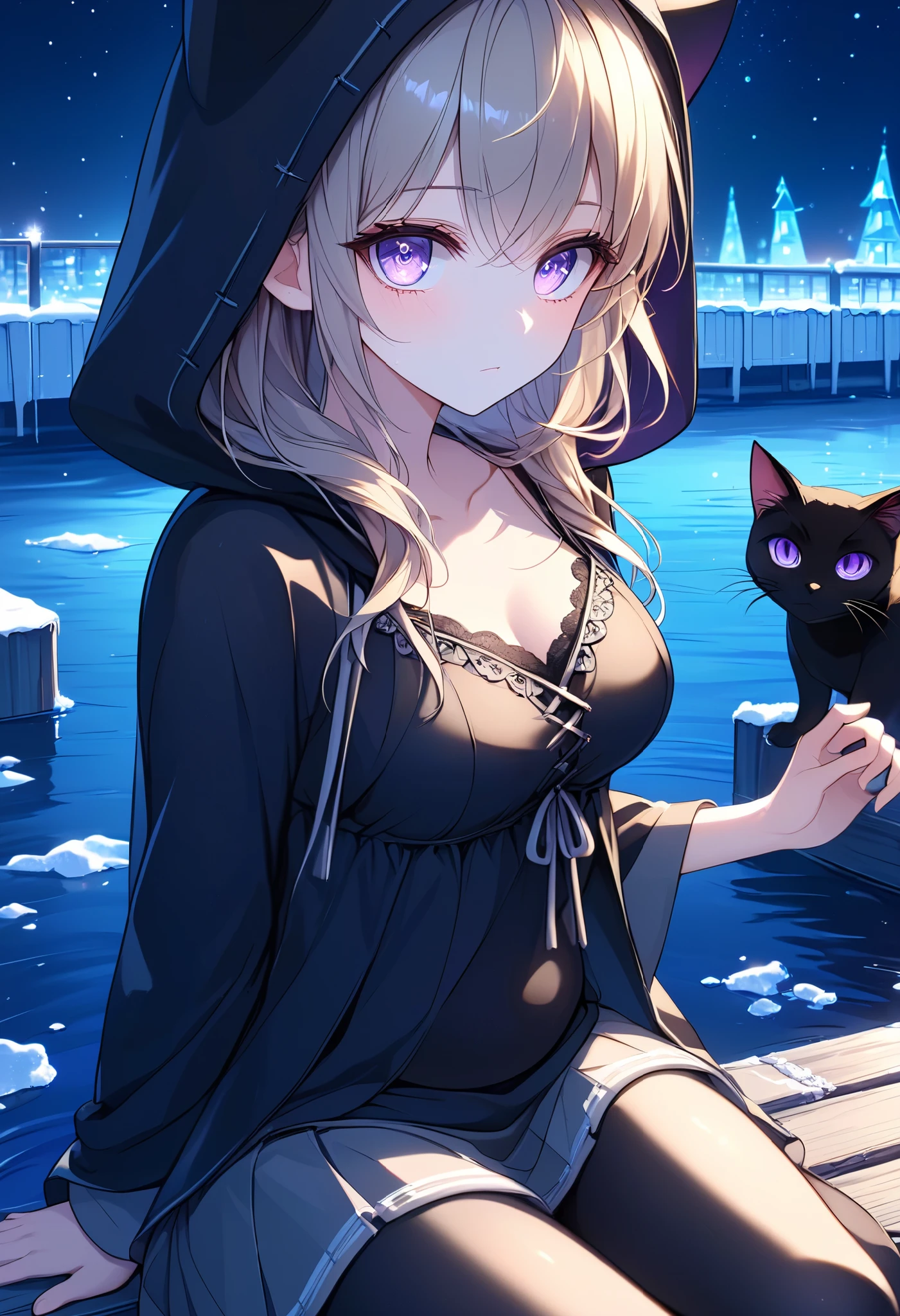 High Resolution, High Quality, High Detail, frozen dock, night, 1girl, blonde hair, violet eyes, medium breasts, black cat hood, black cloak, black camisole with grey trim, grey skirt, black leggings, sandals, looking at viewer, arms behind back, reaching for viewer, side profile, feet in water, zoom in, sitting on dock, sitting beside viewer