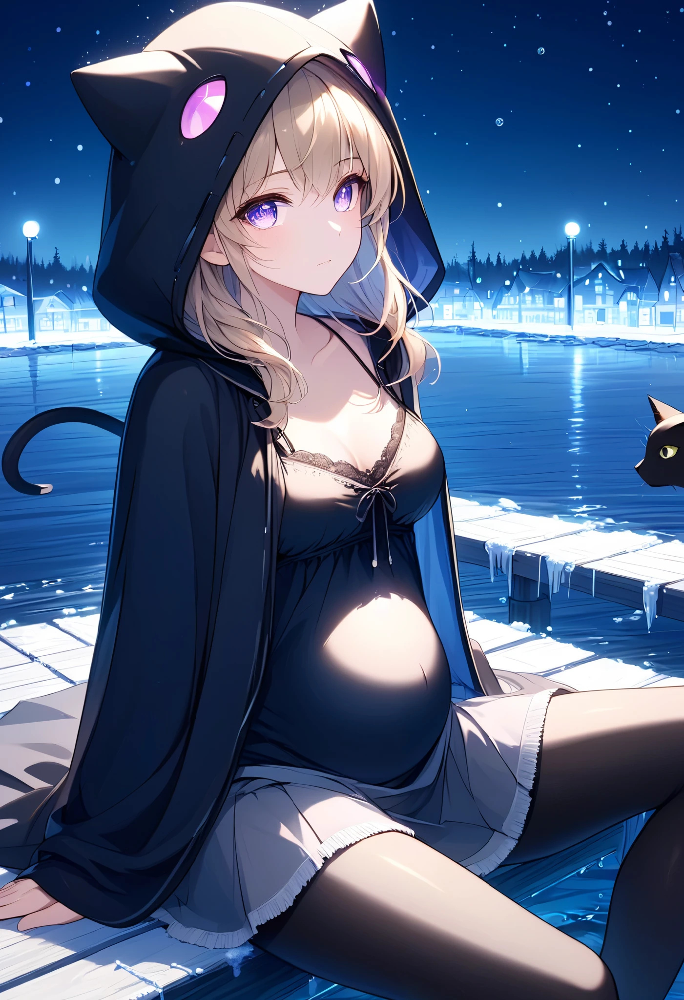 High Resolution, High Quality, High Detail, frozen dock, night, 1girl, blonde hair, violet eyes, medium breasts, black cat hood, black cloak, black camisole with grey trim, grey skirt, black leggings, sandals, looking at viewer, arms behind back, reaching for viewer, side profile, feet in water, zoom in, sitting on dock, sitting beside viewer