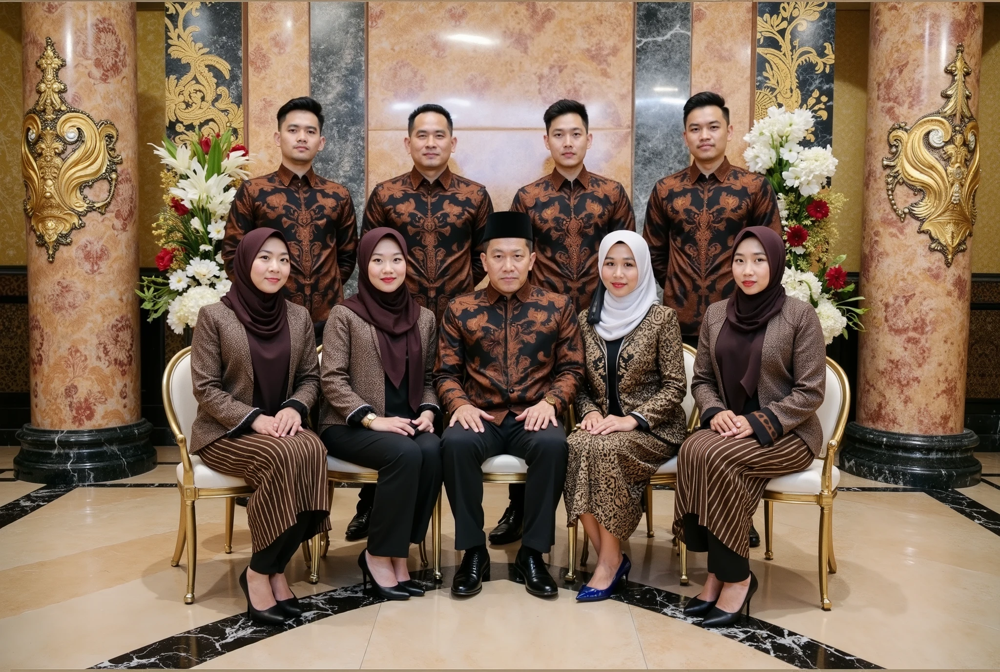 A stunning formal group portrait of nine individuals in an opulent setting, exuding elegance and sophistication. The background showcases intricate marble textures and ornate floral patterns, beautifully complementing the polished marble floor. The four men in the back row are dressed in black luxury Batik, while the three women in the front row wear coordinated brown and black kebaya and matching hijabs. The father and mother, seated in the center, complete the harmonious family portrait. The atmosphere of the photo is formal and refined, suggesting a special occasion or family gathering.