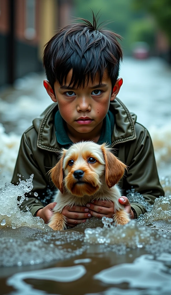 Boy saving a small dog from a flood , portrait photograph, DALL - SeaArt AI