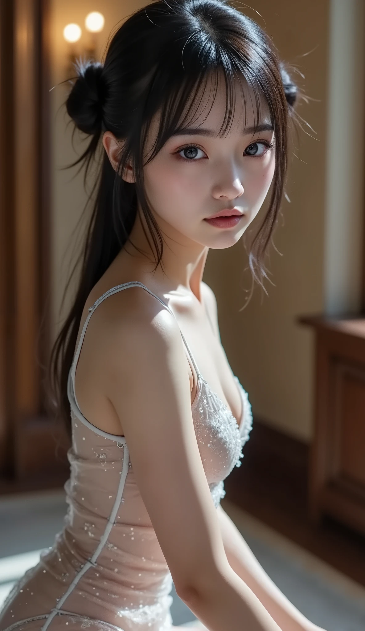 (best quality), (masterpiece), (highres), original, extremely detailed 8K wallpaper, (an extremely delicate), Best quality, masterpiece, (((disgusted and unhappy expression))), (((disgusted face, unhappy face))), Frown, ultra high res, (photorealistic:1.4), raw photo, street photography, photo of a Taiwanese young girl, She play with her own breasts, sweat, sweaty body, (sheer fabric:1.25)(loose:1.5)lace strapless dress, (((medium)saggy breasts)), (bare breasts), (((erect nipple))), ((areolas)), (Korean(kpop idol)), ((puffy eyes)), deep shadow, low key, cold light, deep contrast, bokeh, depth of field, below angle, low angle, (looking at viewer, softly smiling), a photo of a inside a subway, neoism, background crowds, people in backgrounds, ((upper body)), ((straight photo)), exposure blend, medium shot, bokeh, (hdr:1.4), high contrast, (cinematic, teal and orange:0.85), (muted colors, soothing tones:1.3), low saturation, (hyperdetailed:1.2), (nsfw:1.07),