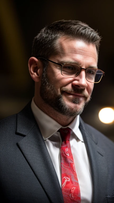 An award-winning original photo,A wild muscular man, (40 years old daddy:1.1), 1boy, Solo, (black suit), (white dress shirt), (red print necktie), black trouser, (big shoulders), musculature, stubbles, Short beard, (Detailed body), wearing glasses, slight smirk, Dynamic Angle, volumetric lighting, (Best quality, A high resolution, Photorealistic), Cinematic lighting, Masterpiece, RAW photo, Intricate details, hdr, depth of field, upper body shot, (realistic:1.2)