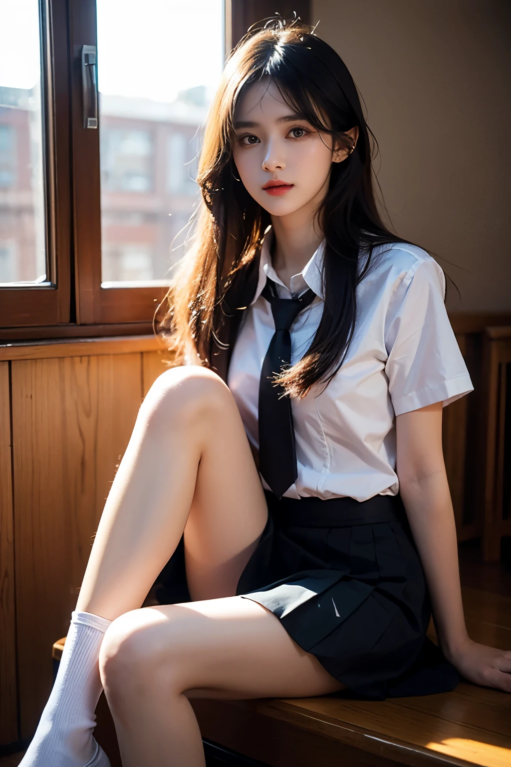 A girl who looks good with long,long leges,JK school uniform,Perfect Golden Ratio body,Little cute,schools,Perfect chest,little blush,whaite hair,red pupil