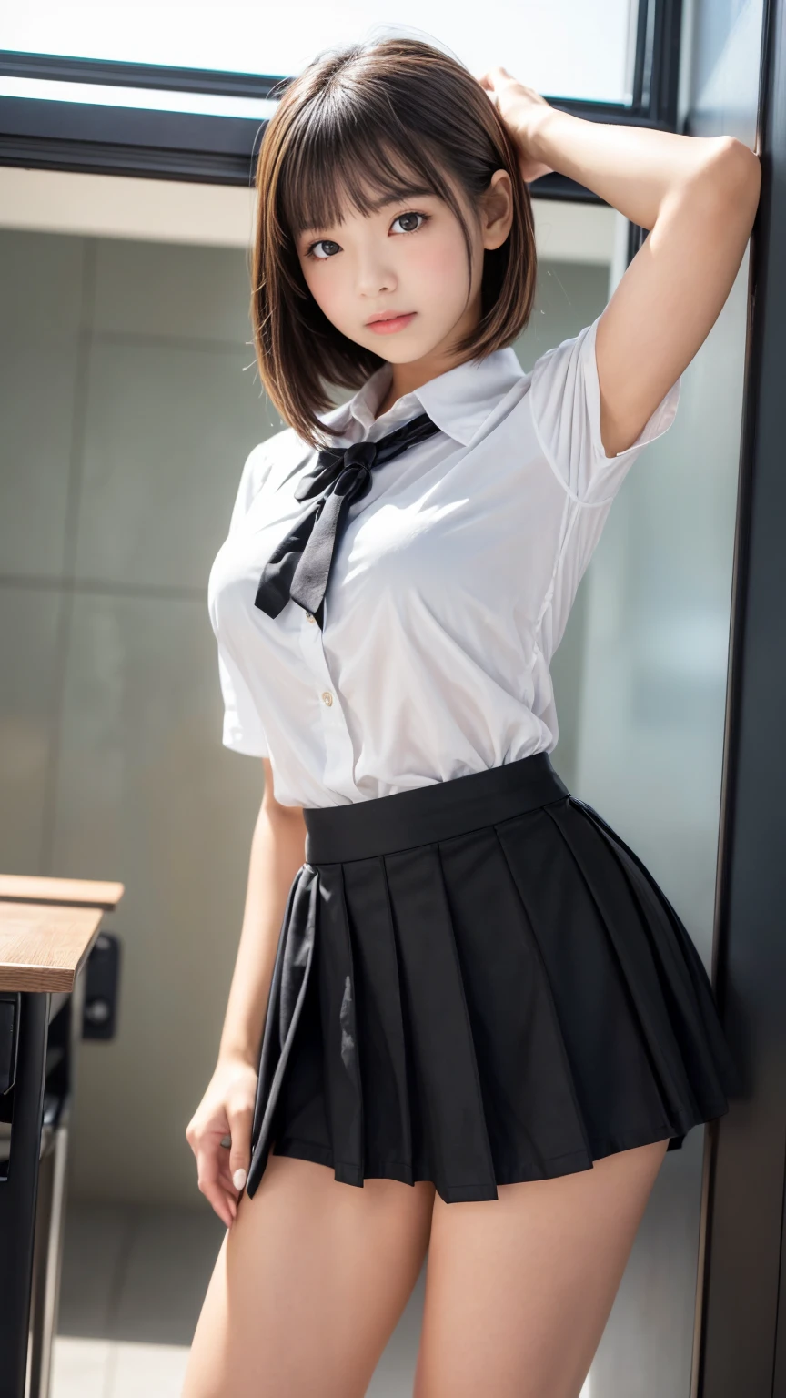 (RAW shooting:1.2)、(realistic:1.4)、(masterpiece:1.3)、(highest quality:1.4)、young japanese woman、(cute:1.2)、wearing high school uniform、Impossibly short skirt、very cute face、blush、shy smile、(sluttyＹShirt and dark blue micro mini pleated skirt:1.3)、(Medium chest:1.3)、(cleavage)、(erect nipples:1.2)、sexy pose、(Try it yourself Skirt lift)、(showing panties:1.3)、panties、pantiesフォーカス、(sit、raise your legs:1.2)、(clear focus:1.2)、(cute woman with perfect figure:1.4)、best smile、(layered haircut:1.2)、thin、shiny skin、Highly detailed face and skin texture、fine eyes、double eyelid、カメラに見えるpanties、Angle looking up from below、Low - Angle、(very sexy:1.3)、Bokeh、obscene、erotic