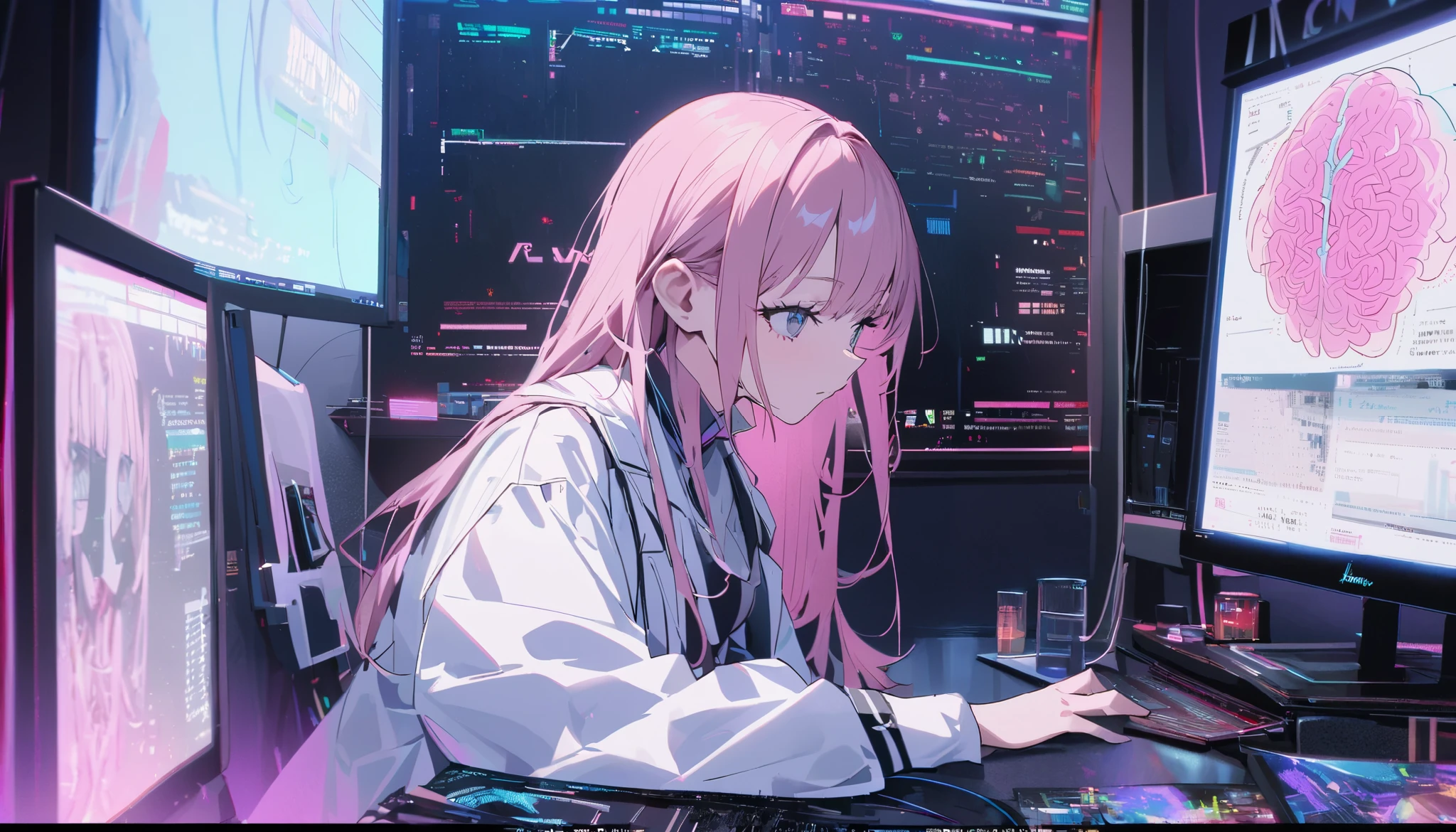 top-quality、Masterpiece、masutepiece、Girl Making Trades、Trade Room、bitcoin、Lots of monitors、The chart is displayed on the monitor、Pink Trade Room、Having money、