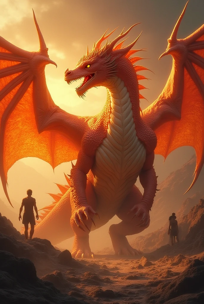big dark red dragon with four feet two wings 7 heads and 10 horns and the sky full of angels of light fighting against angels of darkness