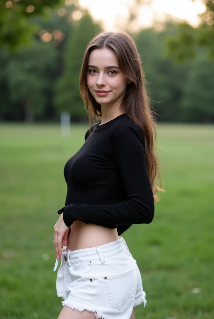 young belarusian woman, black long hair, green eyes, 27 years old, pet lover, smile, sexy posing in the park with dogs, wearing top and pants