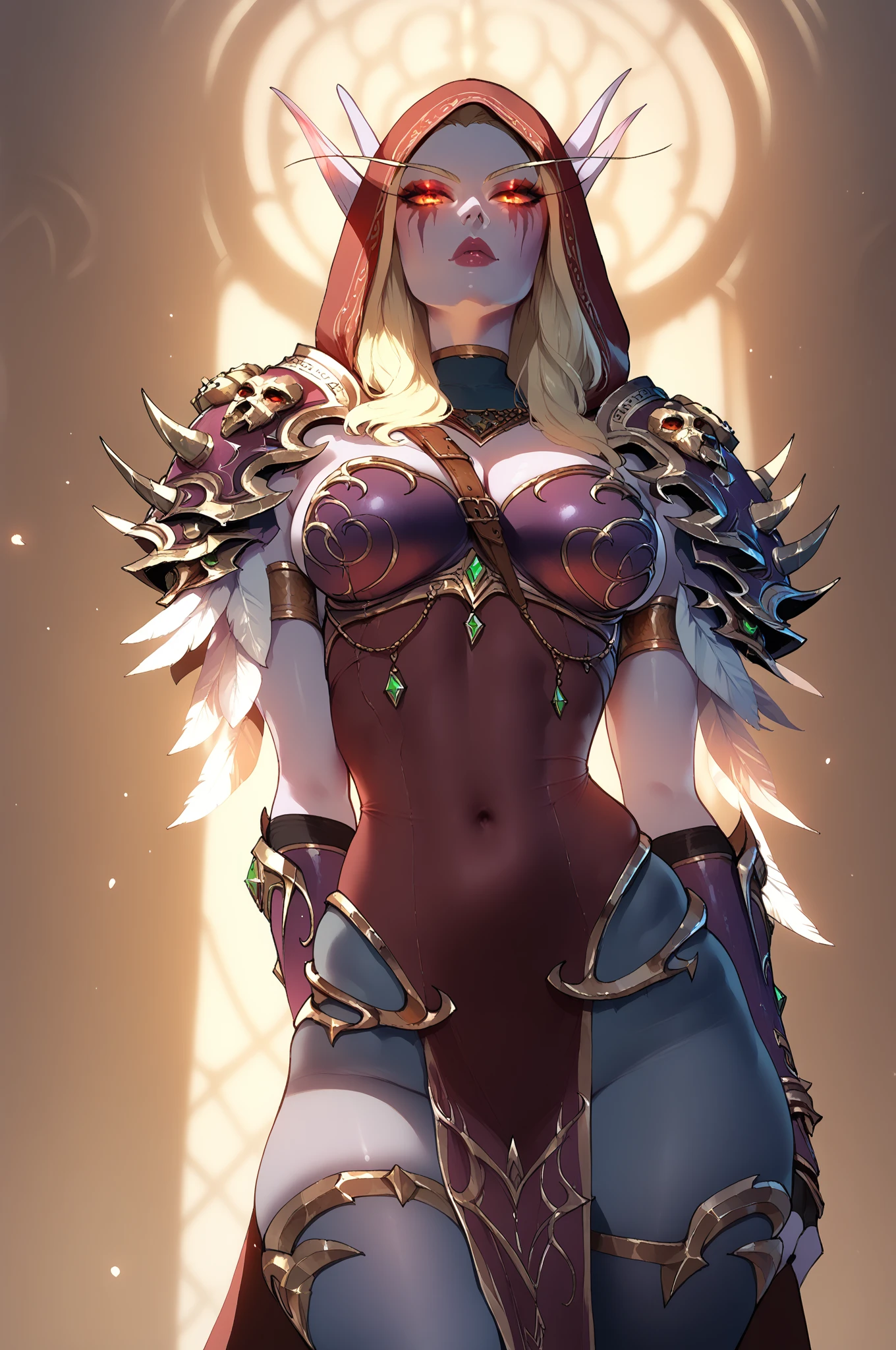 NSFW Photo of Coven Evelynn from League of Legends, hyperdetailed intricately detailed art trending on Artstation triadic colors Unreal Engine 5 detailed , 8k resolution, deviantart masterpiece, fully naked, nude, (gigantic breasts: 1.6), seductive pose, clean pale skin, perfect pale smooth nipples, red detailed eyes flashing with allure, (fancy hair cascading down her back), fancy black make-up, black brows, eyeliner, blushing, parted lips, saggy breasts