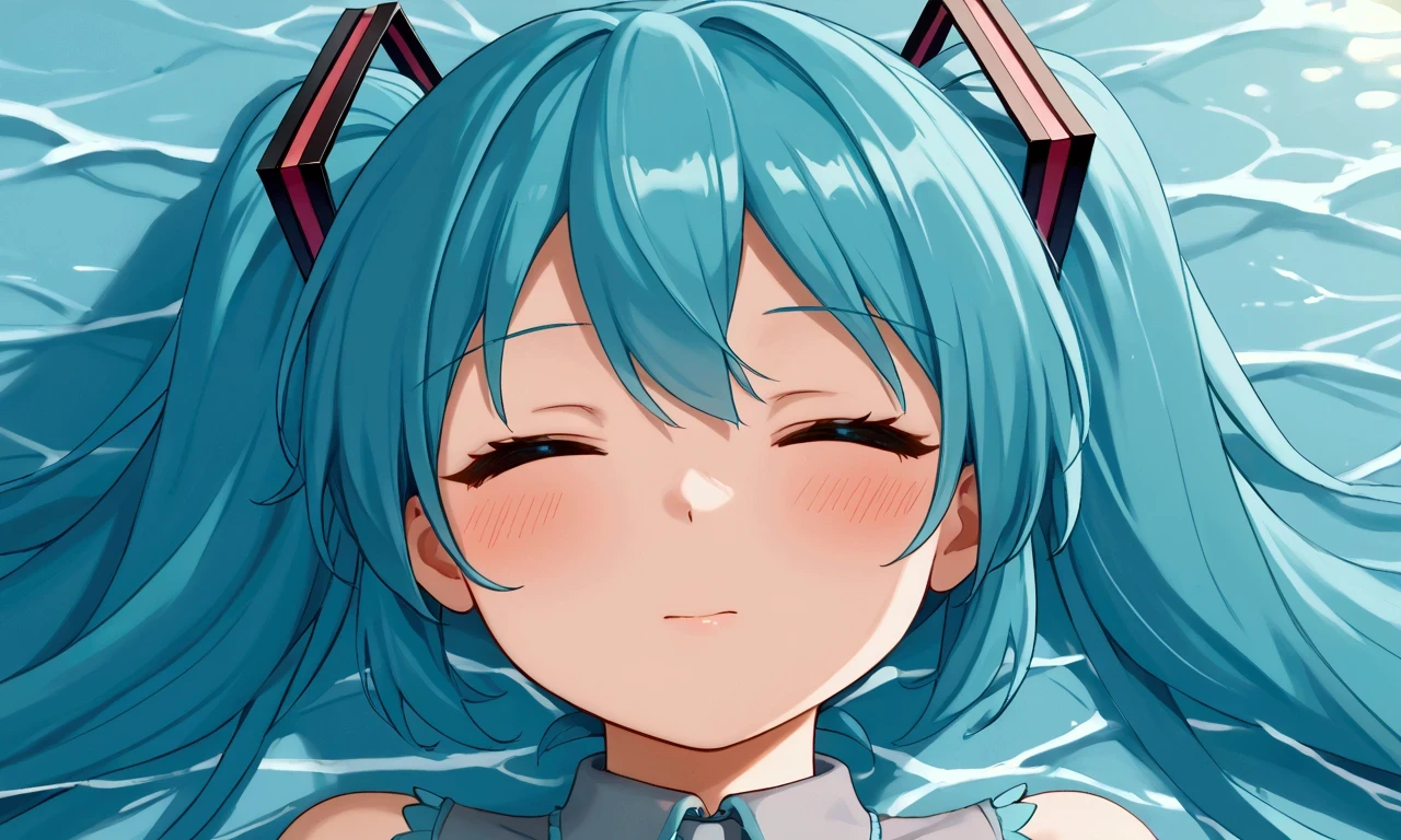 ((( Hatsune Miku)))、a girl falling into the depths of the sea, on her back and asleep 、Close-up