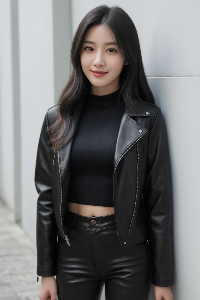 (realistic), (hyperrealism),best quality, masterpiece,ultra high res, (photorealistic:1.4),1girl,(looking at viewer:1.2),1girl, solo, realistic, looking at viewer, parted lips, full tattoos, sleeveless black leather jacket, red jeans,