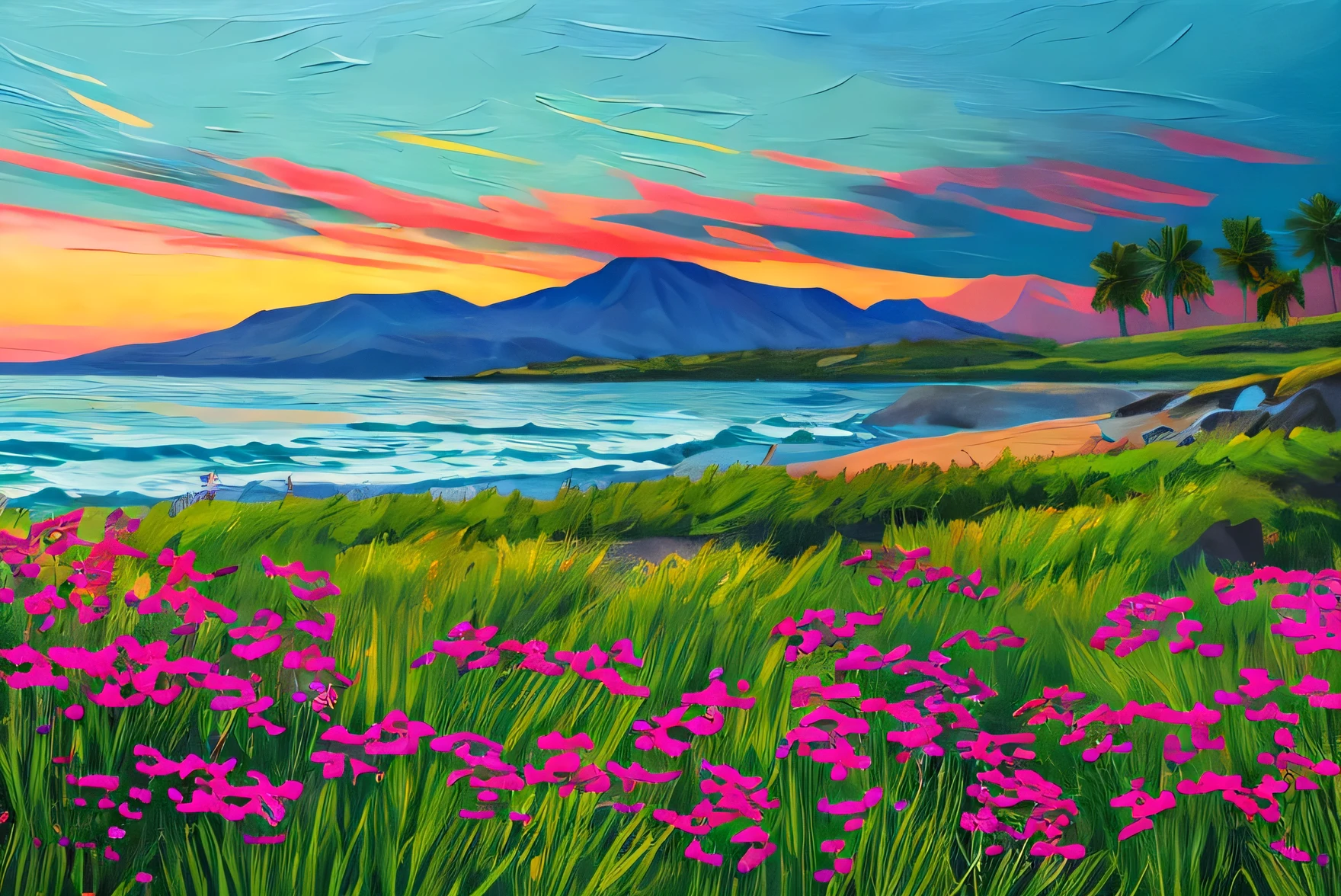 "A breathtaking oil painting of a serene coastal landscape at sunset. Thick, expressive brushstrokes create depth and texture, capturing the golden hues of the setting sun reflecting on the gentle waves. The sky is painted in a blend of warm oranges, soft pinks, and deep purples, with fluffy clouds illuminated by the last light of the day. In the foreground, a rocky shoreline with wildflowers adds natural charm. The painting has a rich, traditional art style reminiscent of Monet or Van Gogh, with vibrant colors and a dreamy, impressionistic atmosphere."