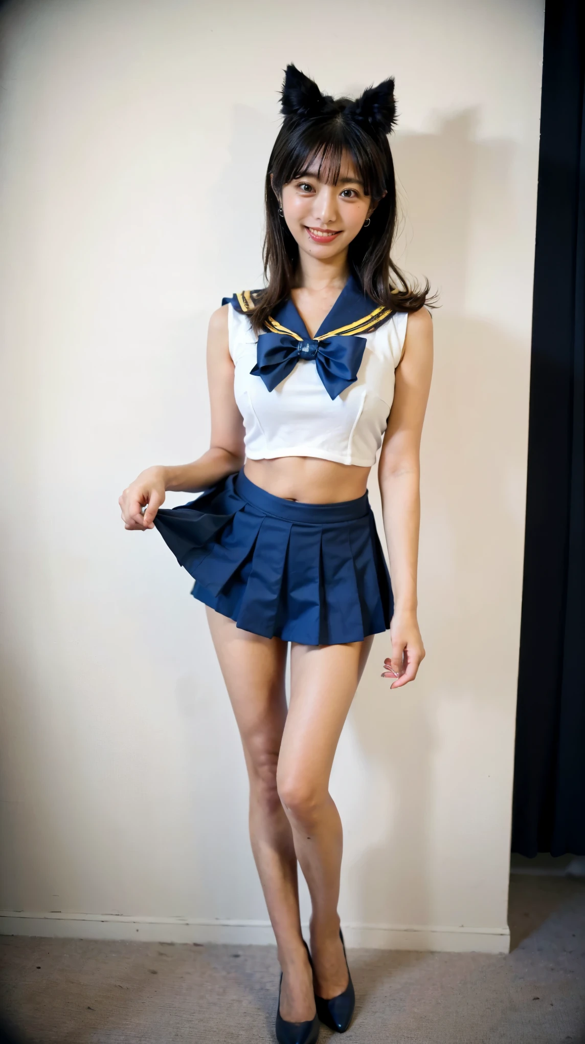 (8k、High resolution、high quality、Front view、sunlight), a girl standing in the study, look at me, japanese girl, bow tie, white sleeveless, white high leg swimsuit, white mini ruffles, Dark blue long socks, brainwashed by me, waiting for my instructions