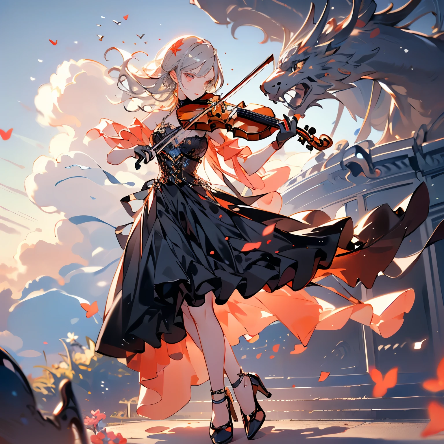 ((Full body portrait))(( Masterpiece:1.5, top quality, highdefinition images, beautiful image 、 is present、 photorealistic、2.5D))( 1 girl, cute girl)(( detailed face、 white skin、 Medium Beautiful Breasts  、Great looks、Gray Hair:1.5、 Trimmed Hair 、Bright and shiny hair、 Hair that dances in the wind ))( Off-the-Shoulder Black Dress、 corset and leather gloves 、 Silk Shawl )(、cloud、Playing the  violin 、 violin )Beautiful profile,(( violin 1本)) putting right hand on the bow 、Playing the  violin 、Right hand in front of chest ((Gray Hair))
