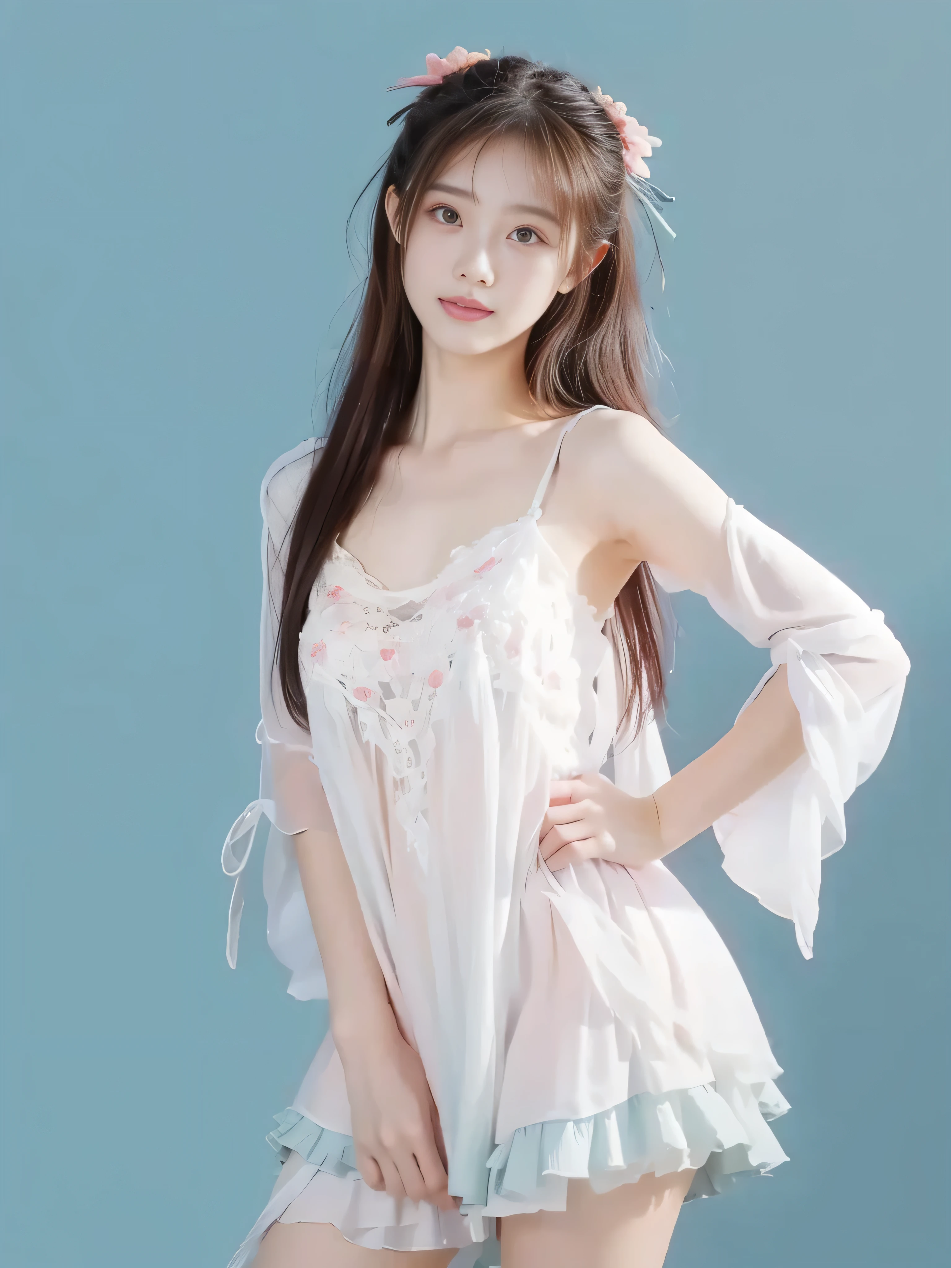 Beautiful woman wearing a blue sky and white mini dress with decorations on the shirt and visible shoulders and wearing boots and being photographed with a white background And And he was on the grass which was beautiful and filled with white flowers , Korean style swag, beautiful face so gorgeous, Beautiful eyes, y2k style