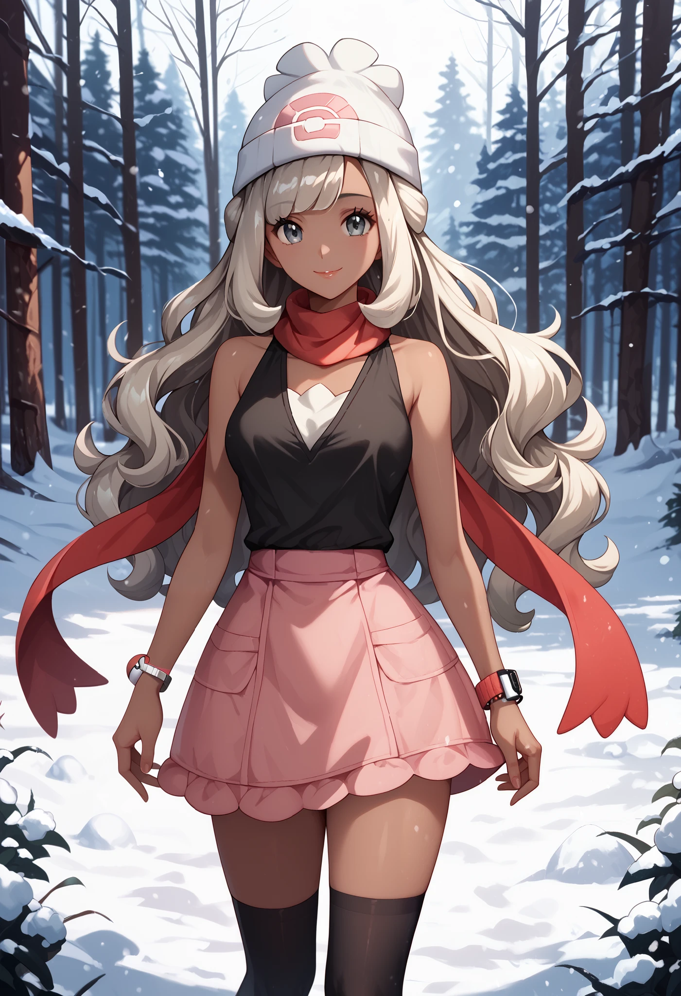 1girl, mature woman, medium breasts, small waist, slight smile, looking at viewer, pokemonselene, platinum blonde hair, (dark skin), very long hair, wavy hair, bangs, long bangs, grey eyes, black thighhighs, bare shoulders, beanie, collarbone, black shirt, black socks, bracelet, hat, jewelry, kneehighs, miniskirt, pink skirt, red scarf, scarf, shirt, skirt, sleeveless, sleeveless shirt, white headwear, outdoors, snow, forest, winter, pokemon dawn