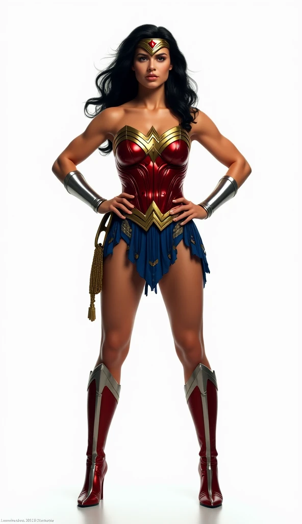((Full body photo, standing, feet on the ground))Wonder woman ticklish feet, gladiator sandals above the knees.