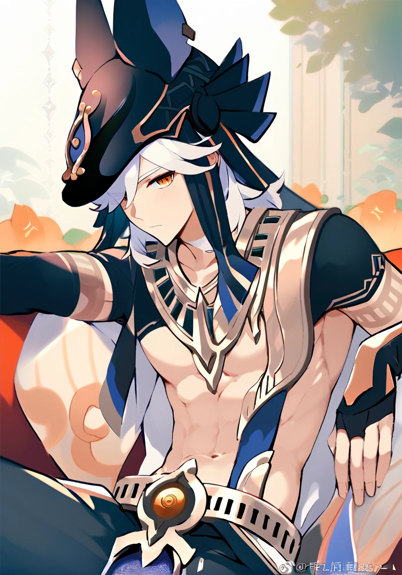 1boy, cyno, anubis hat, animal hat, loincloth, platinum hair, red eyes, looking at viewer, serious, anime, professional lights <lora:cyno:0.8>, sand, detailed face, cowboy shot