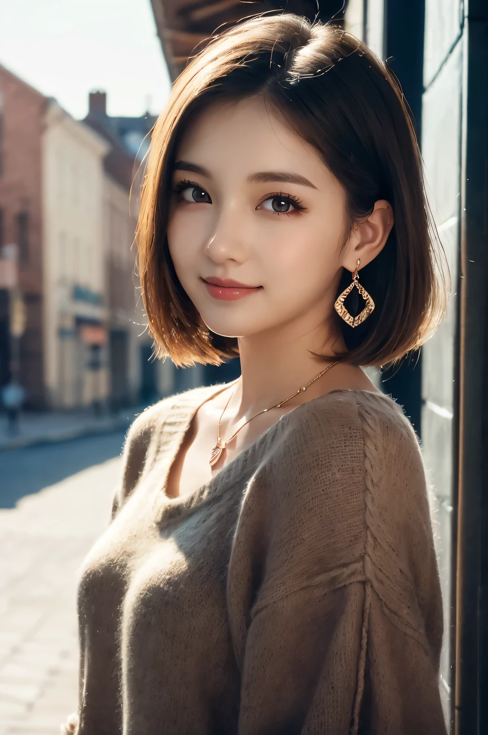 Tabletop, highest quality, figure, Very detailed, In detail, High resolution, 8k wallpaper, Perfect dynamic composition, Beautiful fine details, dress,Medium Hair, Center of chest, Natural color lip, Random sexy poses,smile,Aoyama Street Walk、20-year-old girl、Shoulderless knit(Shui Color)、Slid、Choker with chain、I keep my hair tied