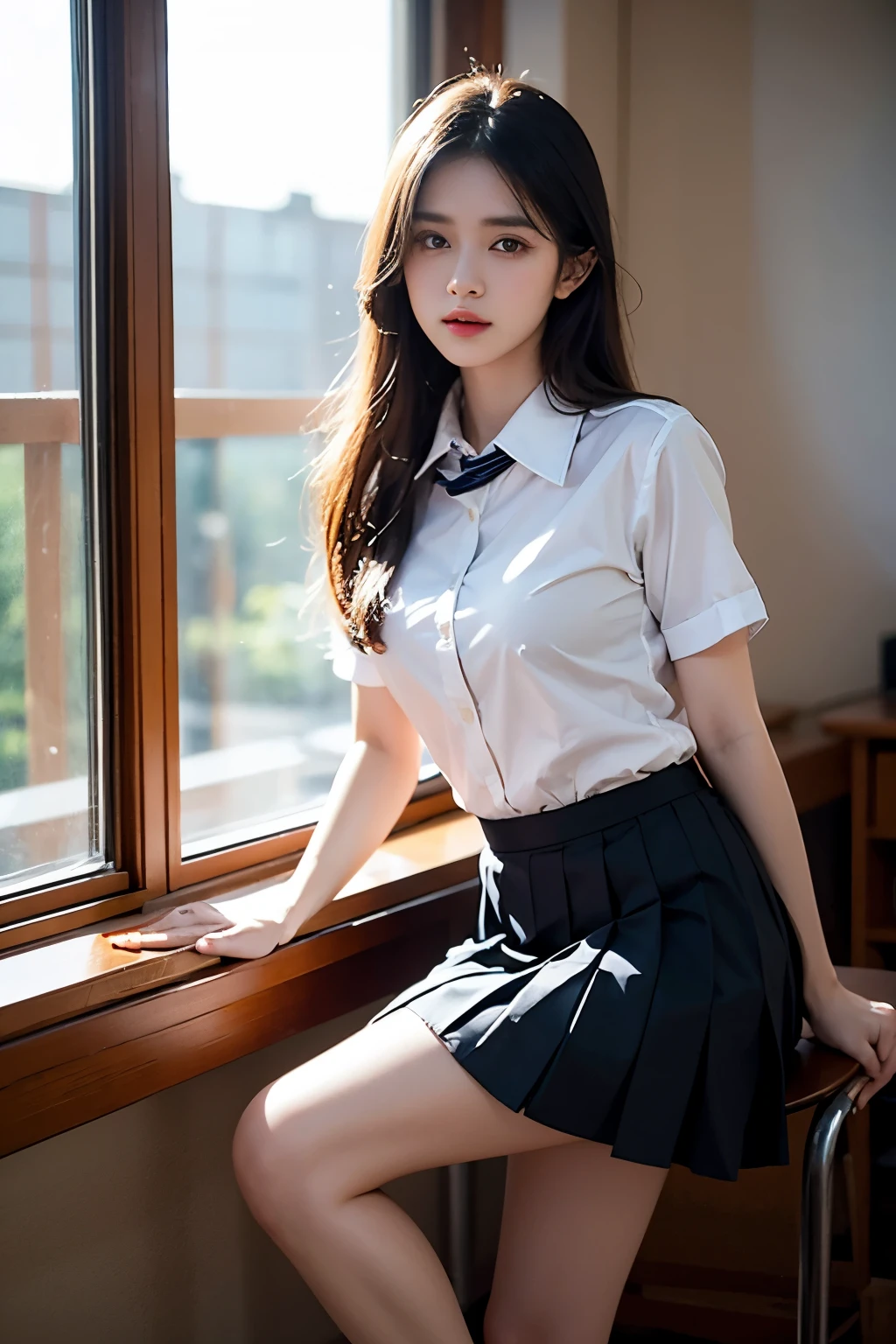 Ultra-realistic 8k CG,Perfect face,flawless perfection,clean,Masterpieces,Professional artwork,Famous works of art,Perfect face,beatiful face,Beautiful eyes,((Perfect female body)),solo,(Immersive atmosphere,chiaroscuro:1.5,Bright light:1.2,Luminous),,(Blush:0.5),Enchanting expression,Ultimate detail_The eyes,Thick thighs,big boobs,Exquisite background,depth of field,Realistic:1.3,far view,1girle,shirt,Pleated skirt,School Uniform,Classroom Background,sitting pose,sitting on a desk,Expose panties,(Ambient light:1.3),(cinematic composition:1.3),(Neon Rays:0.1),(hdr:0.1),Accent lighting,White pantyhose,Perfect hands,perfect legs,Perfect eyes