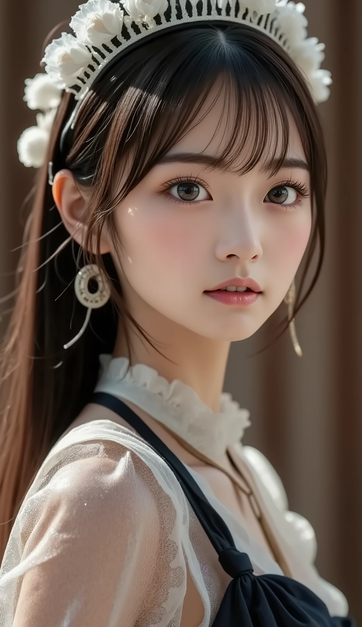 8k, Ultra High Resolution ,   top quality, Masterpiece,rule of thirds,golden ratio, surreal, photos,  one woman,(  girl:1.3), cute, cute顔, Beautiful Eyes in Every Detail , 細かく Details, mature woman, princess,full body,smile, black hair,drill hair,ID photo,future, Brutal Cyberpunk Woman, luxurious and beautiful ,(( overalls)), (( Oversized Hoodie)),  very delicate expression ,  delicate eye description,  erotic, Healthy body shape, (( 1 female)), Height: 160cm, (( thin thighs)),  glossy,(( transparent and shining costume )), ((Great Hall)) ,(  thin waist:1.4)、( Beautiful :1.4),  pink lips, profile,(((  ideal body shape))),Small bust, A cup :2,、 portrait:2、  perfect anatomy 、鮮明な  Details、  Details, thin lips,Perfect and beautiful face  ,完璧で cute顔,   Meticulous Skin  ,  Perfect Limbs 、  thin waist,  surreal,Light and Dark,  Fashion Magazine Cover ,glowing 
