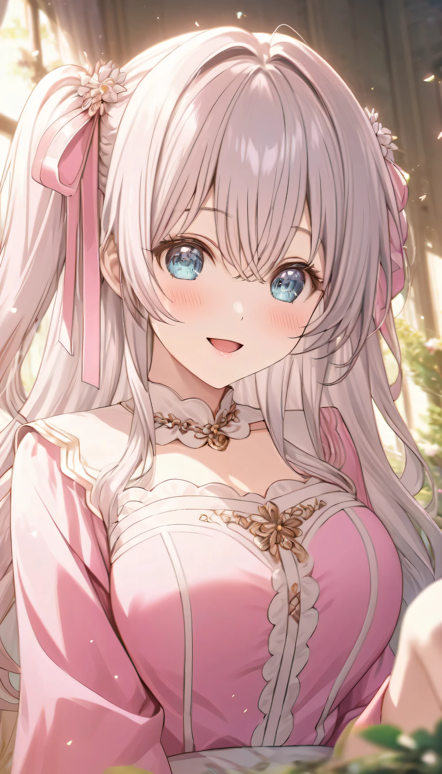((ultra-detailed)), (highly detailed CG illustration), (best quality:1.2), ultra-highly detailed, colorful composition, artistic photoshoot, 1girl, solo focus, ((upper body:1.4)), moe anime character, girl, dainty facial structure, (bab(round face), ((rounded chin:1.2)), ((ideal ratio body proportions)), celia-default, celia claire, (blue eyes), sparkle eyes, pale pink hair color, two side up, ((hair ribbon with pink), ((pink semi formal dress with gold decorations)), (happy), (joyful), (open mouth), ample breasts, best quality, masterpiece, petals glowing and fluttering, standing by the victorian garden with flowers, beautiful detailed sky, dynamic pose, best quality, masterpiece, from front, expecting, pink cheek, blush, light pink gloss slip, portrait, depth of field, soft lighting, sidelighting, (shine), lighting, caustics, ray tracing, smile, perfect face, lustrous skin, highly detailed face, highly detailed eyes, perfect face, perfect nose, perfect hair, perfect eyes, perfect anatomy, beautiful hair, beautiful small face, extremely detailed face, beautiful detailed eyes, beautiful clavicle, beautiful body, beautiful huge breasts, leavage, breasts squeezed together, equalize the size of the left and right breasts, beautiful fingers, 4 fingers, 1 thumb, lovely, (very detailed background:1.0), (highly detailed background:1.0), spring aesthetic, intricate details, festive atmosphere, joyful atmosphere, spring colors palette, chromatic aberration