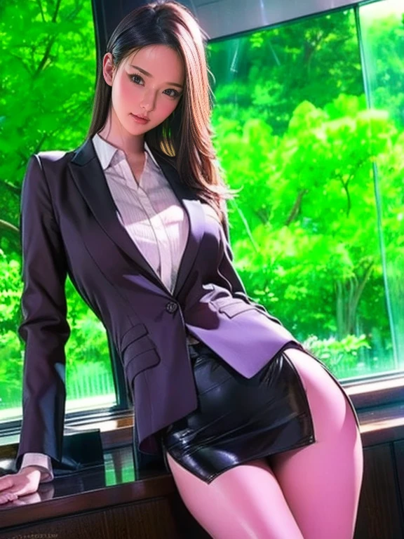 24 years old, pink hair, sexy lawyer, elegant business dress, black blazer, white dress shirt, tight skirt, reading on her desk, in the library, busty, perfect hands Perfect fingers Perfect breasts Perfect body Perfect face Perfect image Realism Detailed background Detailed clothing Miniature bikini, shirt unbuttoned, obscene librarian, surrealism, realism, Unreal Engine, 3dcg, octane rendering, 8k maximum resolution highly detailed, sweater skirt, professional, Breasts are about to burst out of clothes, (mouth open), ((tiny micro bikinis and black silk transparent extreme miniature thong with black pantyhose)), ((knee bent leg sitting)))
