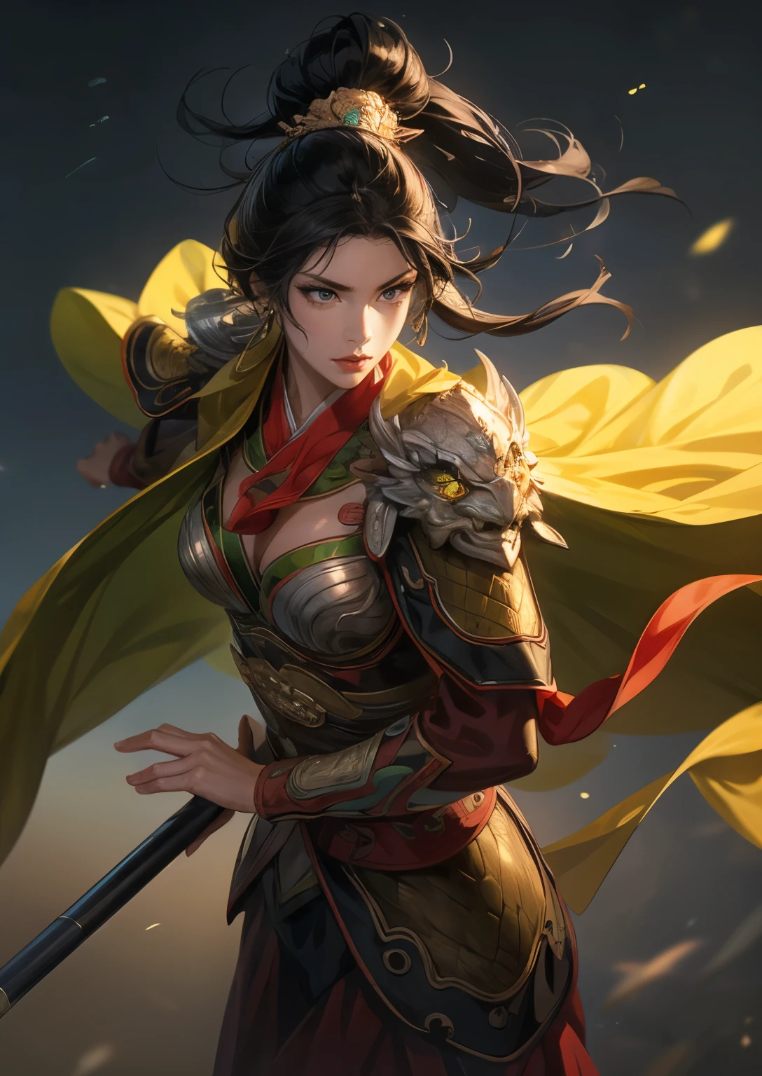 Han Dynasty Landscape、Three Kingdoms、Full Body、(Highest quality,4K,8k,High resolution,masterpiece:1.2)、Very detailed, High resolution,hyper HD、Studio Lighting、Ultra-fine painting、 Sharp focus、 Physically Based Rendering、 Very detailed explanation、 Professional、 Vibrant colors、Traditional Chinese Painting Techniques、 Atmospheric lighting、 Vivid color contrast、Very detailed eyes and face、 Beautiful attention to detail、 Light on the face、young woman wearing chinese silver armor、Eyes are green, perfect body, (((1 woman)))、(beautiful woman)、anatomically correct、Dynamic Pose、hair blowing in the wind、chinese armor: 1.3、((black hair))