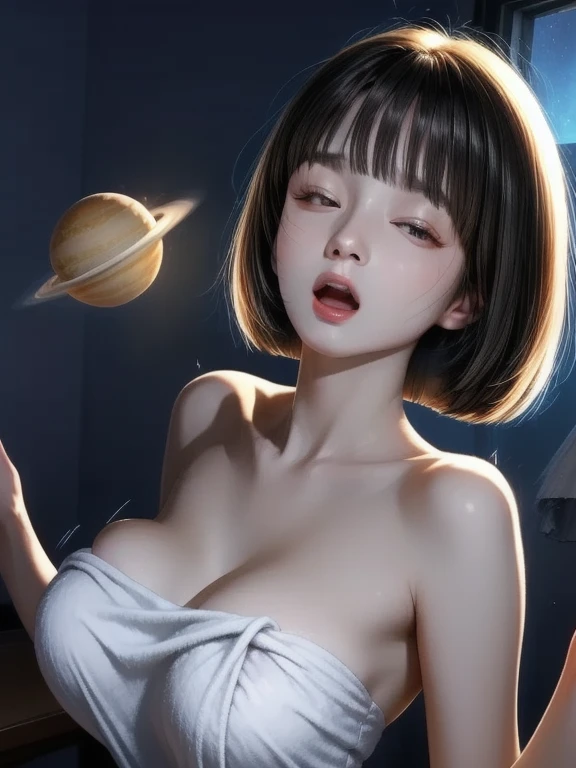 high quality、8k、Realistic anime drawings、In the dark planetarium、Stars on the wall、1 adult female、5、（Long ponytail、skirt、knit）、（（lie down on a reclining seat、close your eyes、sleep、blanket））