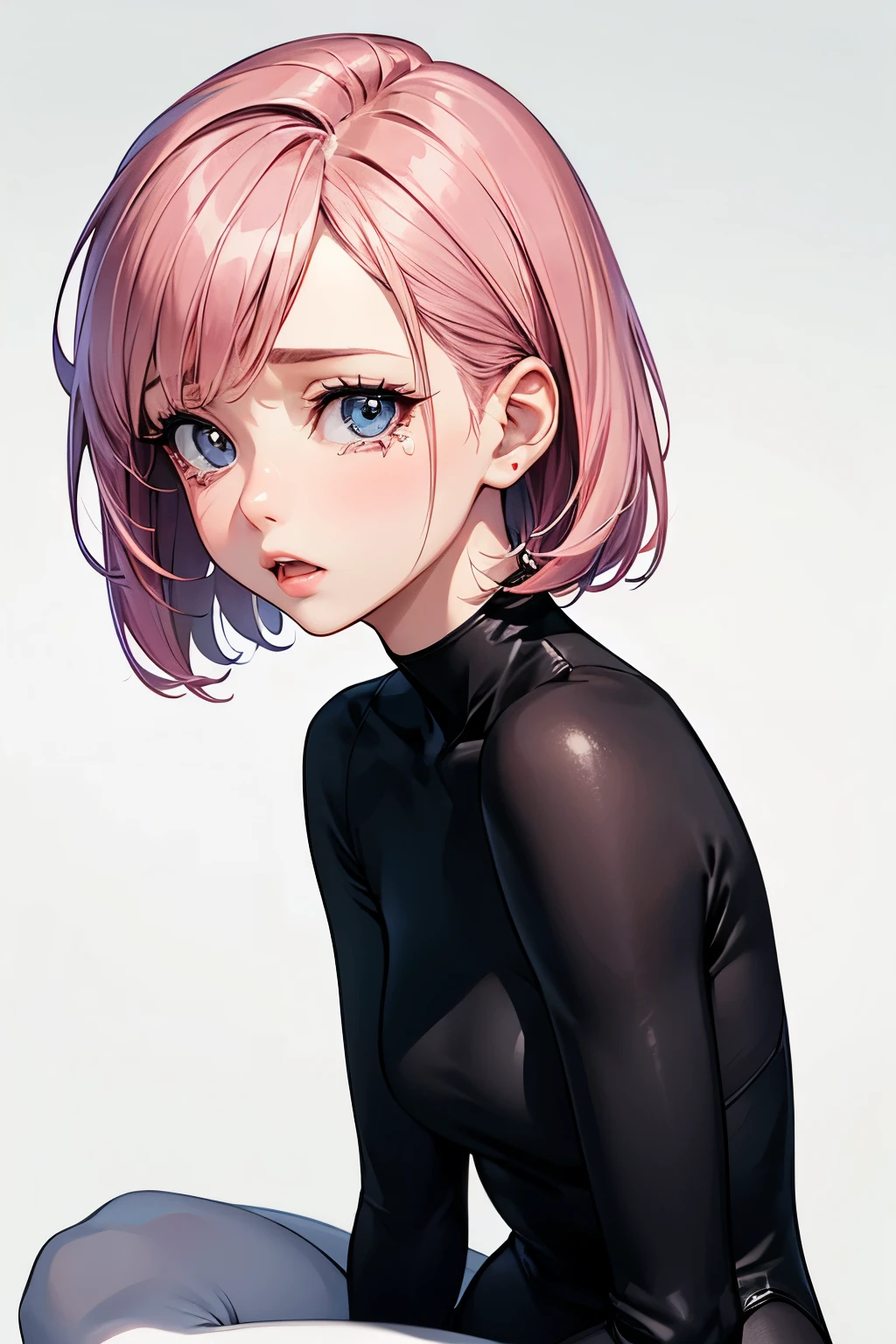 (highest quality:1.2), a 20-years-old girl is kneeling, looking upward, from side view, a photorealistic cute gymnast, heavily make-up face, pale face, opened mouth to cry, noble face, cute face, sad face, Europian face like a doll, open eyes with tear,  short-bob pink hair, upper body portrait above the knee, wearing tight fitting long sleeved black leotard, wearing white pantyhose.