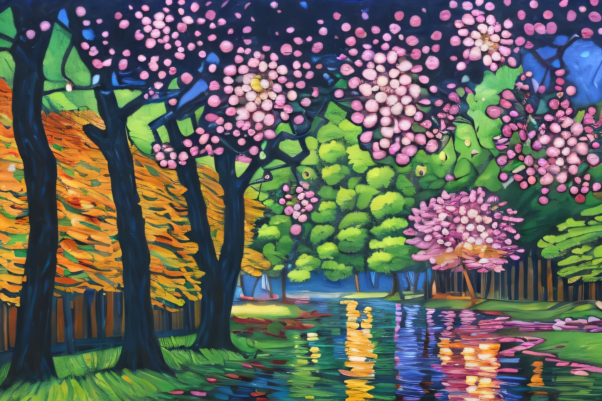 "A breathtaking oil painting of a traditional Japanese street in Kyoto during spring. Thick, expressive brushstrokes create depth and texture, capturing the soft pink hues of cherry blossoms in full bloom. The wooden machiya townhouses line the cobblestone street, their dark brown beams contrasting beautifully with the delicate petals drifting in the breeze. The sky is a dreamy blend of pastel blues and warm golden light, reflecting the gentle warmth of the setting sun. The painting has a rich, impressionistic style reminiscent of Monet or Van Gogh, with vibrant colors and a serene, nostalgic atmosphere."