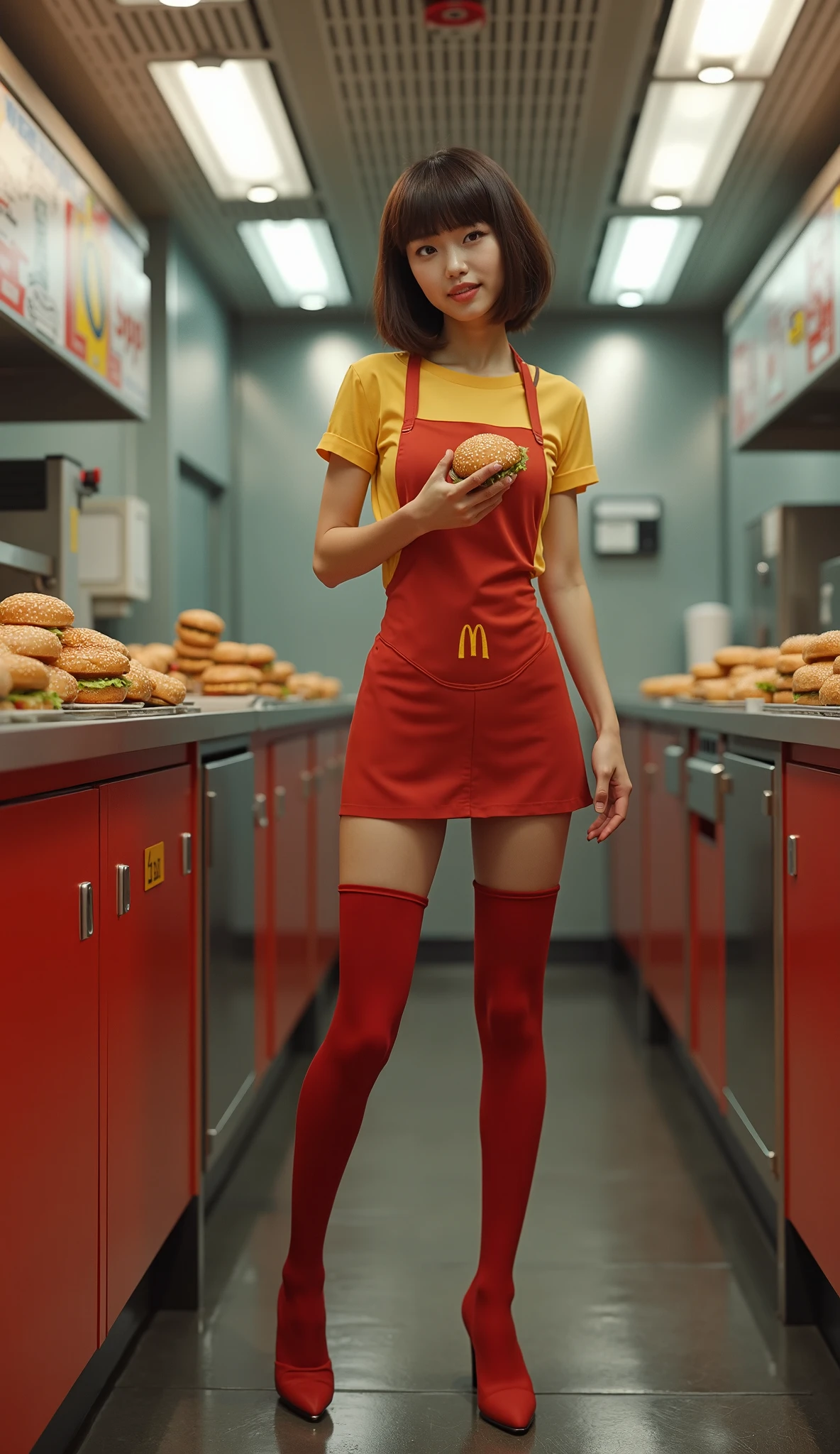 A cute 18 year old young Japanese woman has brown bob hair,They make hamburgers at McDonald's,  full body shot,  high heels and  knee-high tights, rubber material fashion , in the spaceship storage room ,   realistic skin,  high resolutionの画像, 4K,  high resolution,  complicated details,  Masterpiece