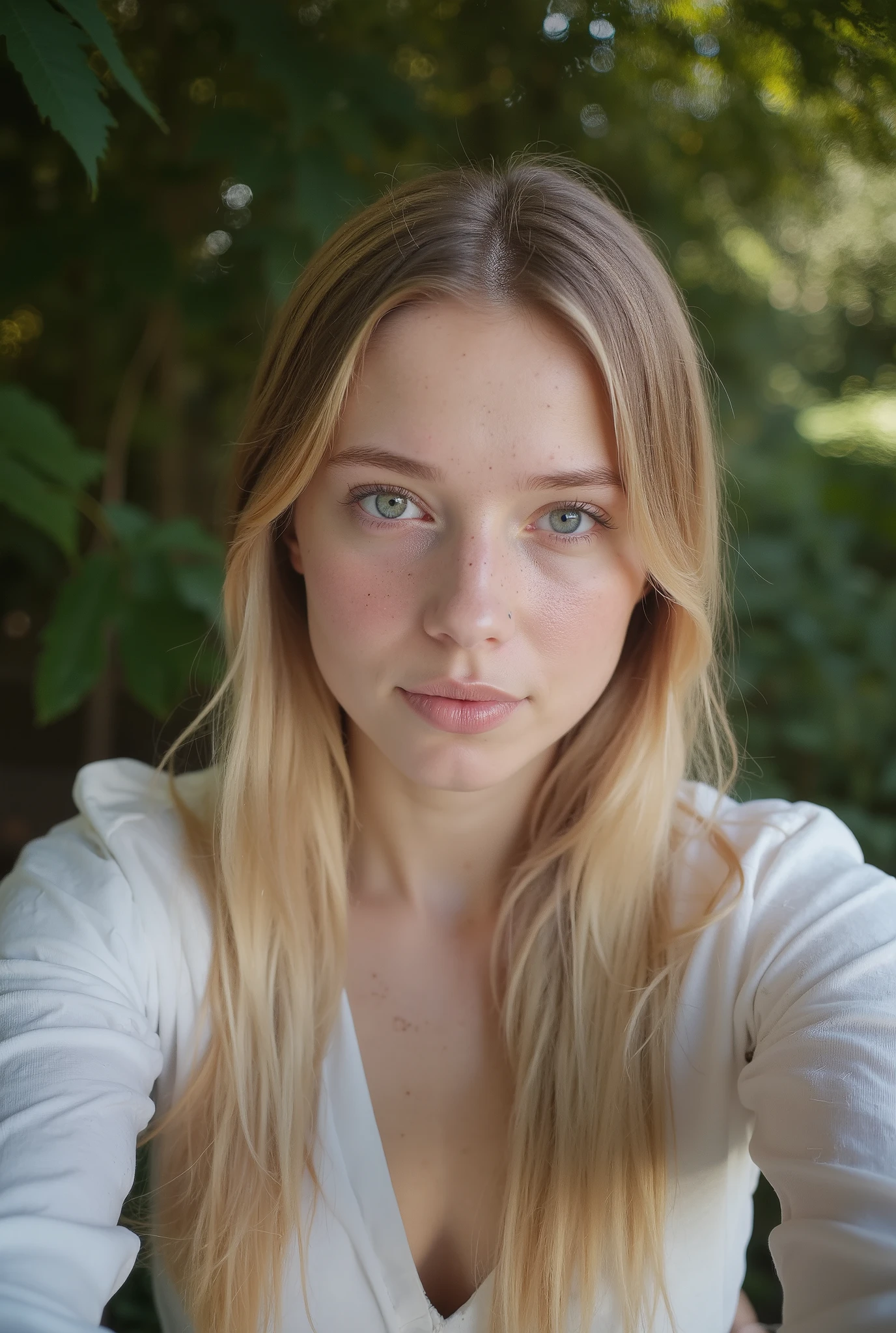 Ultra-realistic extremely high definition 8K RAW analog epic portrait photograph close up selfie of a beautiful young in a beautiful garden, youthful face sensual,she is wearing a white open unbuttoned office-blouse that barely covers her super-small flat but perky [boobs] nsfw, photoshoot,Maximum realism(pale skin,very long blonde straight beautiful hair with soft highlights:1.8)(ultra detailed:1.3)tiny waist(Waist slender)ultra detailed,freckles, 1 girl,in a typical  girl bedroom,very shy,innocent,somewhat smiling,looking lovingly at viewer,beautiful blue sparkling detailed eyes,full body view((downblouse she has cute perky incredibly small but sexy [[boobs]] extremely-nsfw explicit))flirting with the camera,shot from above,looking at the camera(UHD,RAW,realistic photographic masterpiece,20 megapixel photo,highest resolution possible,sparkling eyes,natural beautiful deep blue eyes,insane detail,intense shot,stunning composition,best lighting possible,detailed authentic skin texture,best texture possible,realistic texture,actual real photo,beautiful and delicate photo))perfect full lips,slim face,youthful,young((fully unbuttoned office blouse that barely covers her chest and shows the outline of her small [flat] but perky [[breasts]] extremely-nsfw))anatomically correct female(intense eye contact,eye catching,slim face,feminine face,sparkling eyes,detailed eyes,intricate eyes,stunning eyes,close up,small forehead:0.5,close up eyes,eye focus,(unbuttoned nsfw,no bra nsfw,ultra long hair,soft adorably innocent smile)confident(looking directly at the viewer,face focus)natural lighting,best lighting possible,(eye contact)sharp focus,deep blue eyes,photographed on a Panasonic Lumix GH6, FE 35mm lens, F1.4,(highly detailed,intricately detailed),eye focus,high clarity,high definition,(detailed skin,natural lighting,award winning photo)fine details,natural lighting,sunlight,best lighting possible,warm weather,[shadows],photographed on a Nikon D850,