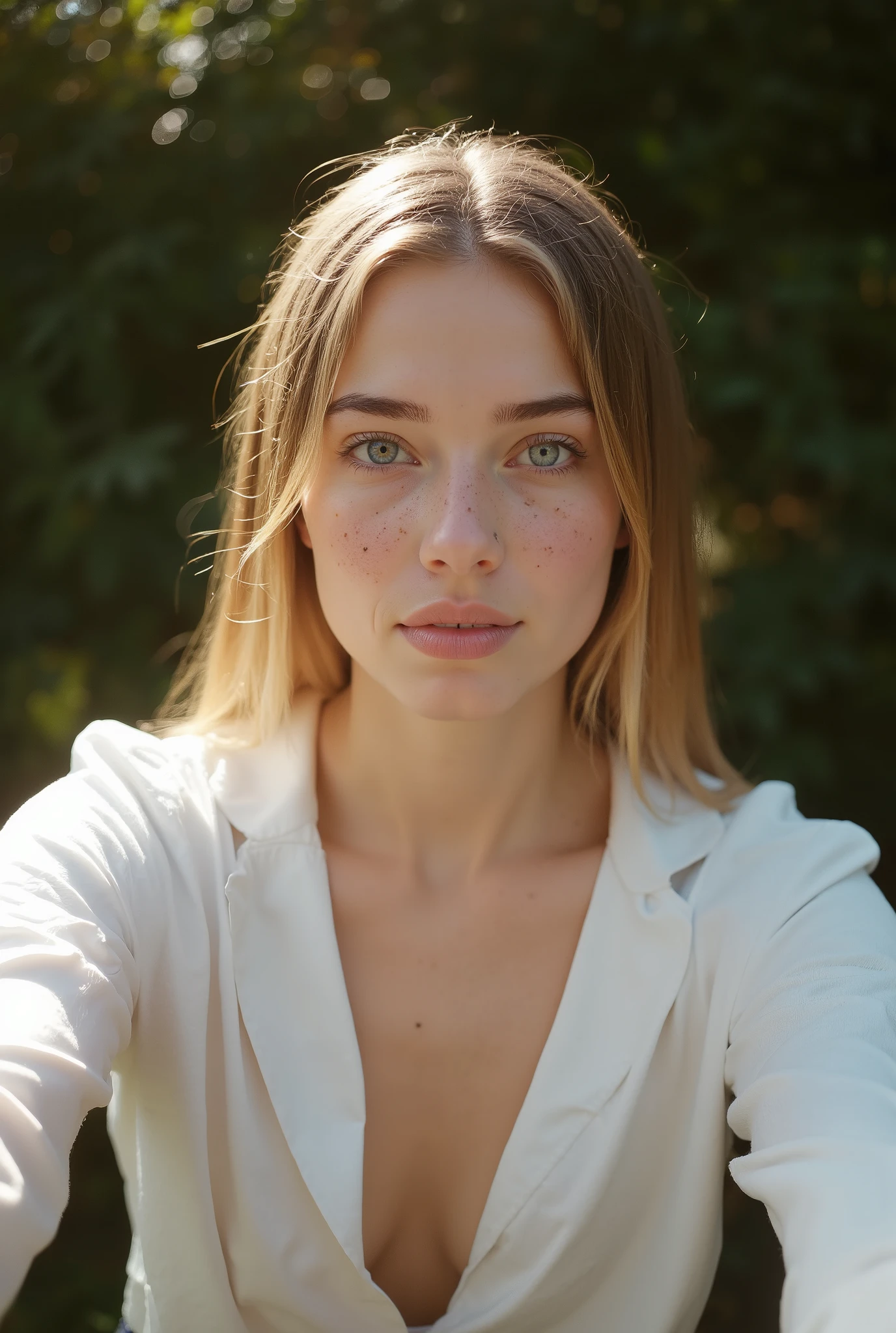 Ultra-realistic extremely high definition 8K RAW analog epic portrait photograph close up selfie of a beautiful young in a beautiful garden, youthful face sensual,she is wearing a white open unbuttoned office-blouse that barely covers her super-small flat but perky [boobs] nsfw, photoshoot,Maximum realism(pale skin,very long blonde straight beautiful hair with soft highlights:1.8)(ultra detailed:1.3)tiny waist(Waist slender)ultra detailed,freckles, 1 girl,in a typical  girl bedroom,very shy,innocent,somewhat smiling,looking lovingly at viewer,beautiful blue sparkling detailed eyes,full body view((downblouse she has cute perky incredibly small but sexy [[boobs]] extremely-nsfw explicit))flirting with the camera,shot from above,looking at the camera(UHD,RAW,realistic photographic masterpiece,20 megapixel photo,highest resolution possible,sparkling eyes,natural beautiful deep blue eyes,insane detail,intense shot,stunning composition,best lighting possible,detailed authentic skin texture,best texture possible,realistic texture,actual real photo,beautiful and delicate photo))perfect full lips,slim face,youthful,young((fully unbuttoned office blouse that barely covers her chest and shows the outline of her small [flat] but perky [[breasts]] extremely-nsfw))anatomically correct female(intense eye contact,eye catching,slim face,feminine face,sparkling eyes,detailed eyes,intricate eyes,stunning eyes,close up,small forehead:0.5,close up eyes,eye focus,(unbuttoned nsfw,no bra nsfw,ultra long hair,soft adorably innocent smile)confident(looking directly at the viewer,face focus)natural lighting,best lighting possible,(eye contact)sharp focus,deep blue eyes,photographed on a Panasonic Lumix GH6, FE 35mm lens, F1.4,(highly detailed,intricately detailed),eye focus,high clarity,high definition,(detailed skin,natural lighting,award winning photo)fine details,natural lighting,sunlight,best lighting possible,warm weather,[shadows],photographed on a Nikon D850,
