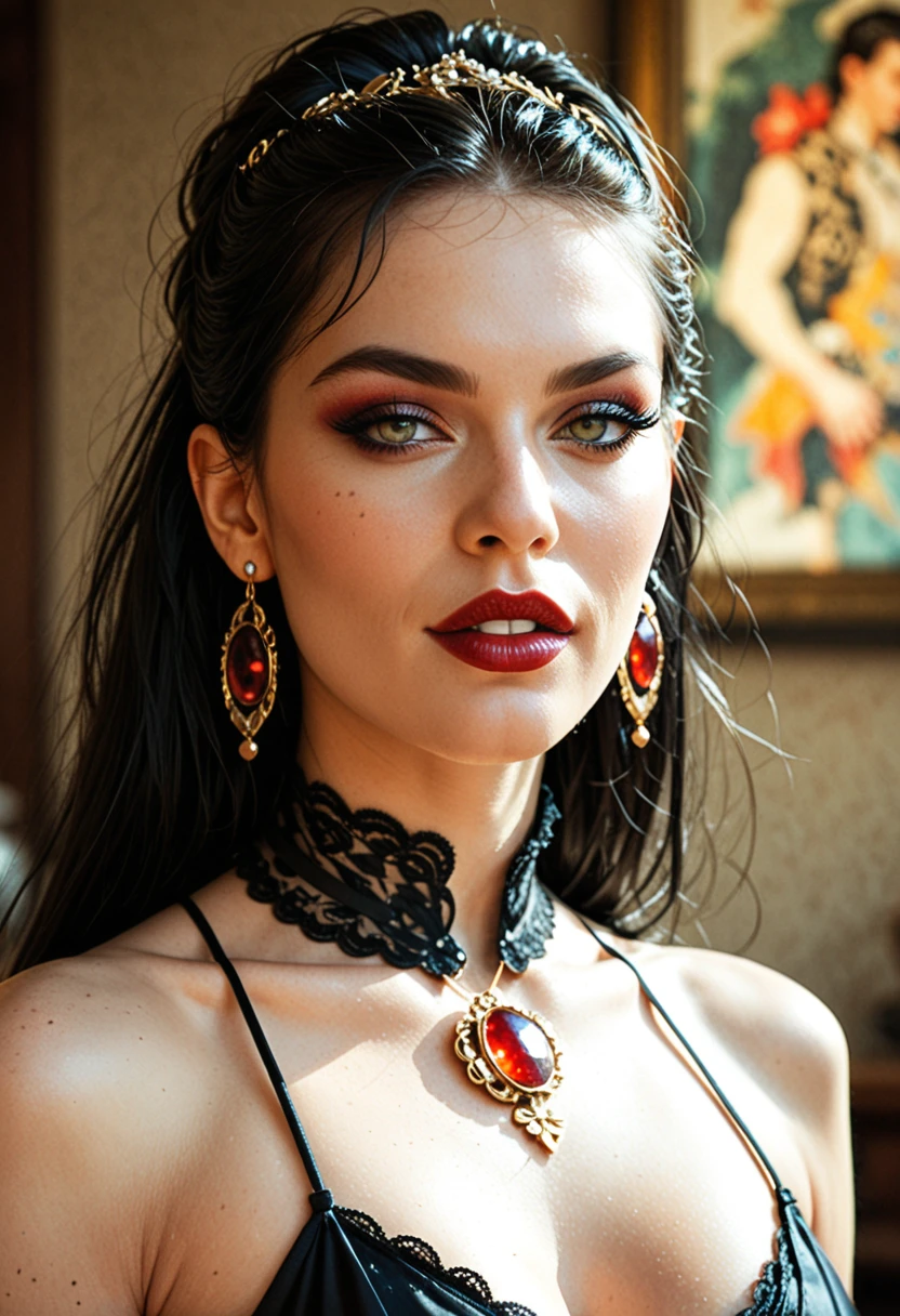Gorgeous european woman with short hair, braided hair, wet hair, hair slicked back, combed straight back, slick hair, red gradient hair, dressed as a gypsy pirate, small pirate hat, jewelry, cleavage, glamour, solid dark grey background
