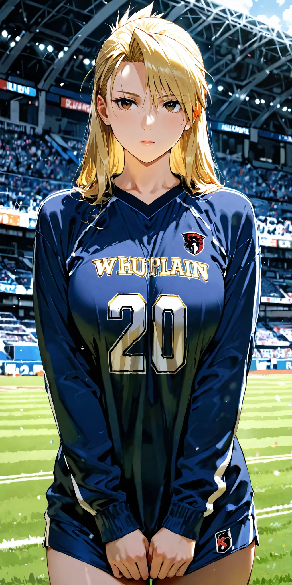 1girl, sexy 14yearold blonde cheerleader is having sex with the entire football team on the turf after a winning game. porn. gangbang. men lining up to fuck girl
